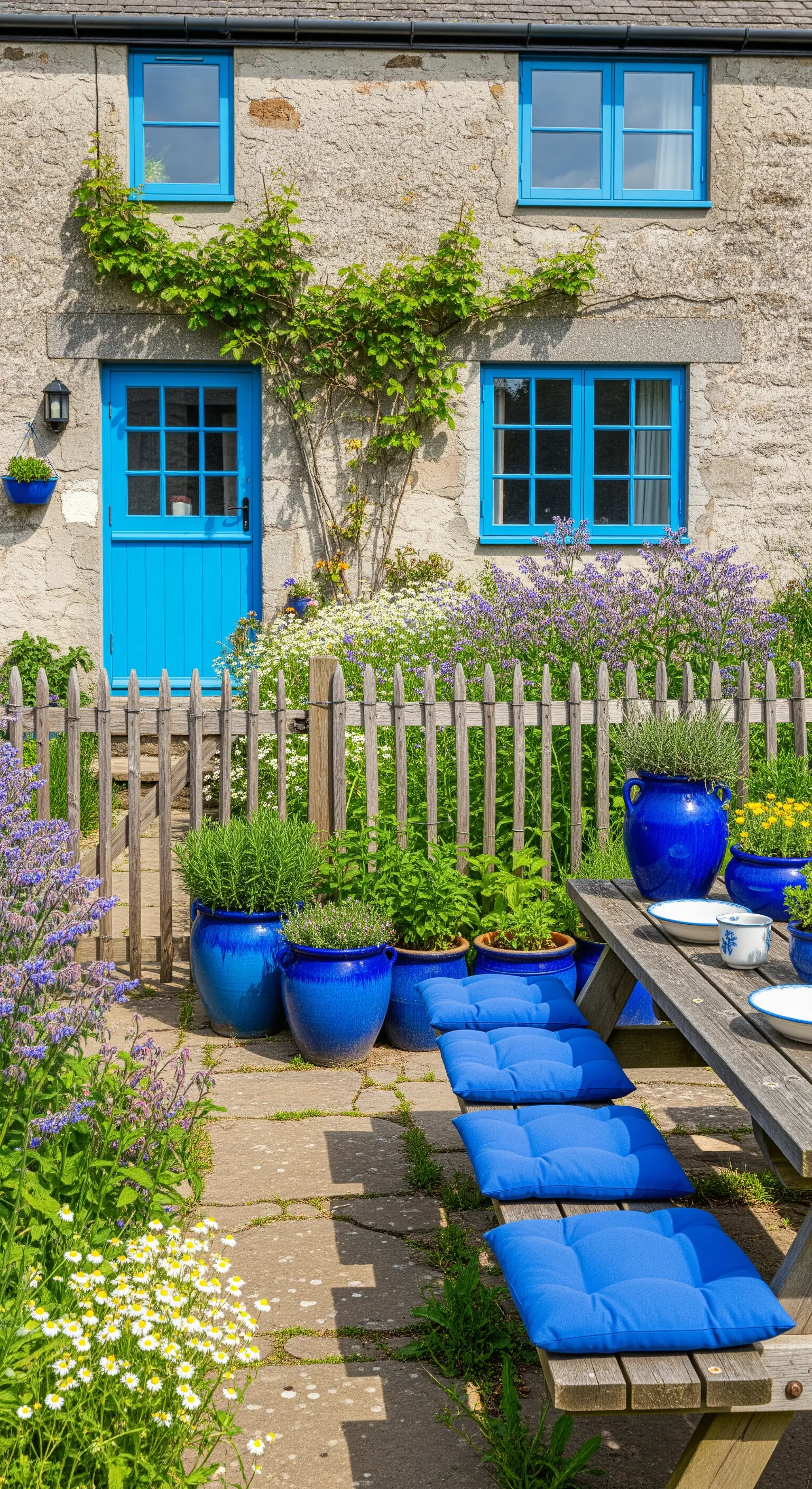 Casale in pietra con porta, finestre e vasi in un vivace blu elettrico.