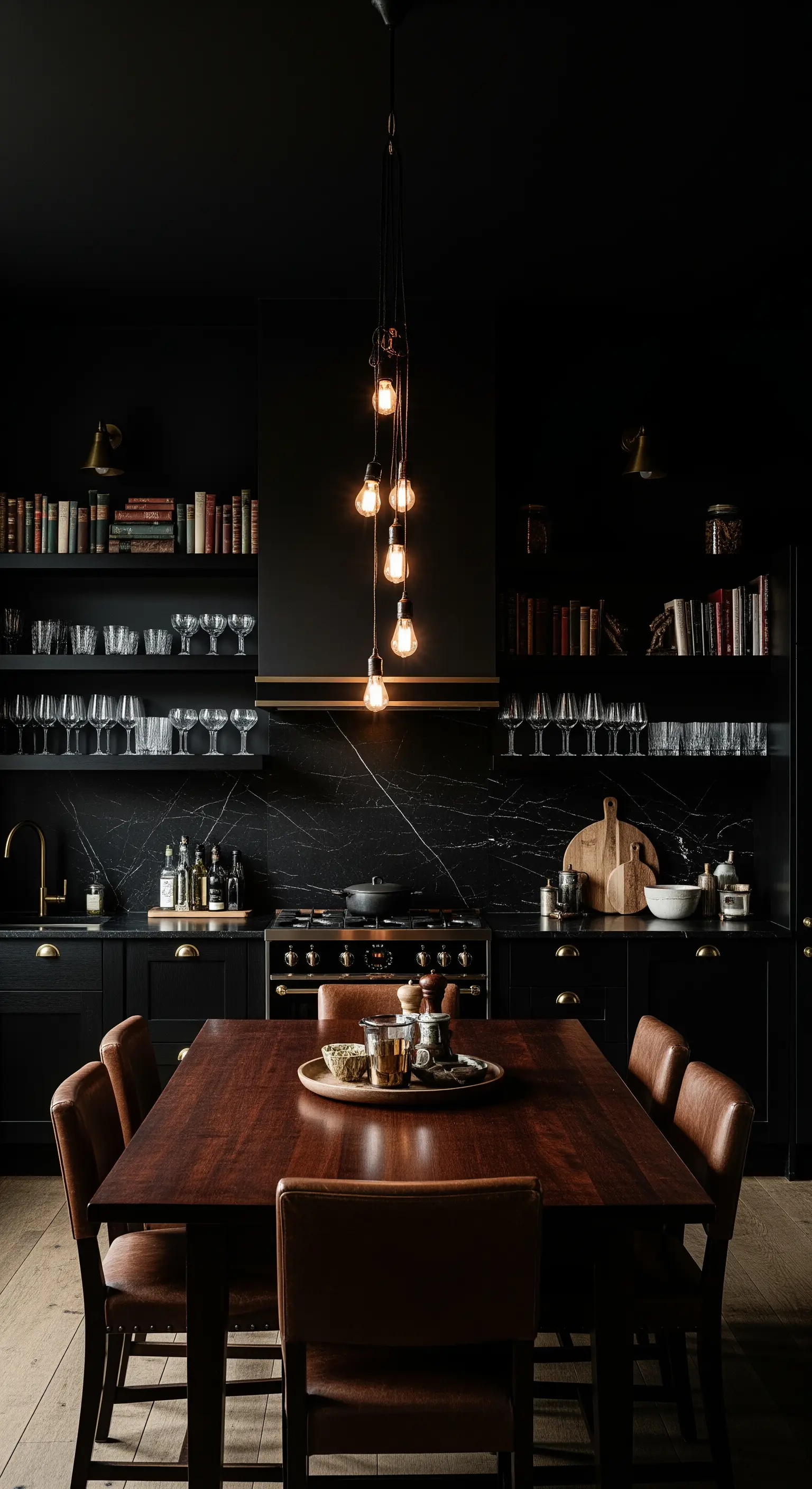 Cucina nera con paraschizzi in marmo scuro, illuminata da una sottile lampada a sospensione.