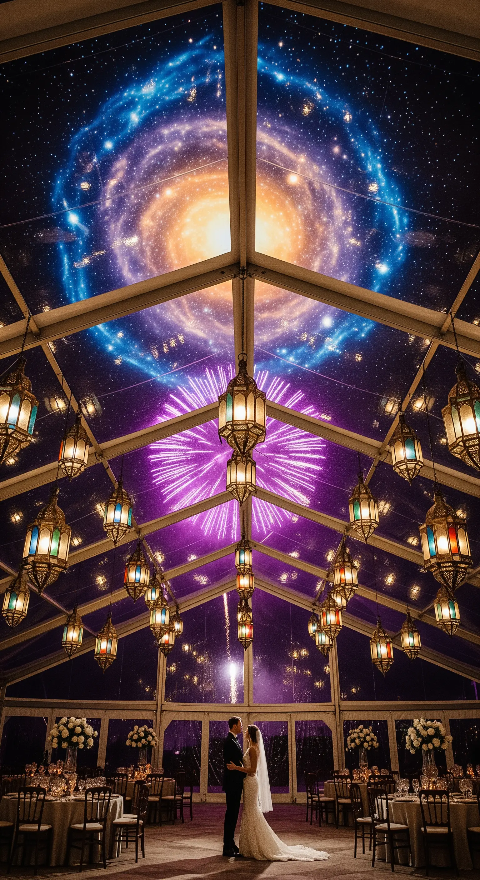 Sposi in una tensostruttura trasparente con una galassia proiettata sul tetto e lanterne sospese
