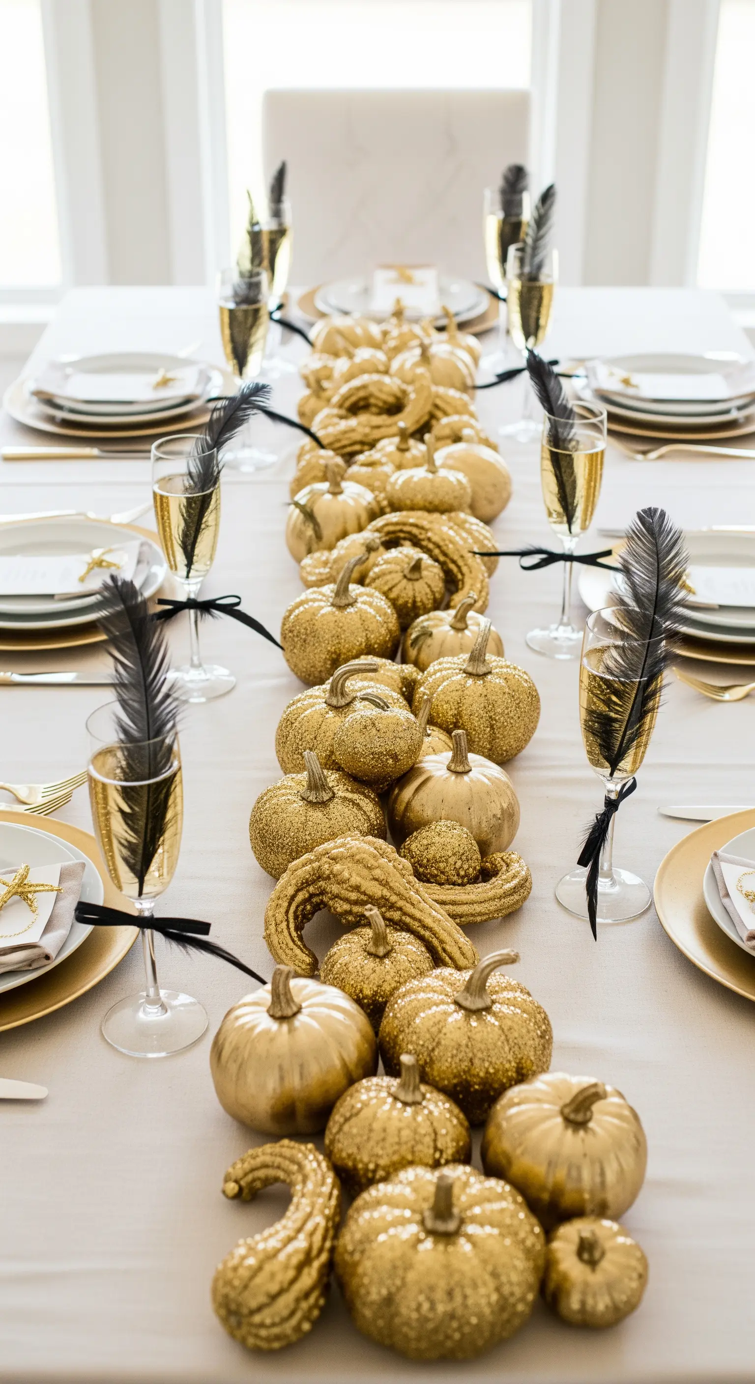 Lungo runner composto interamente da zucche dorate di varie forme.