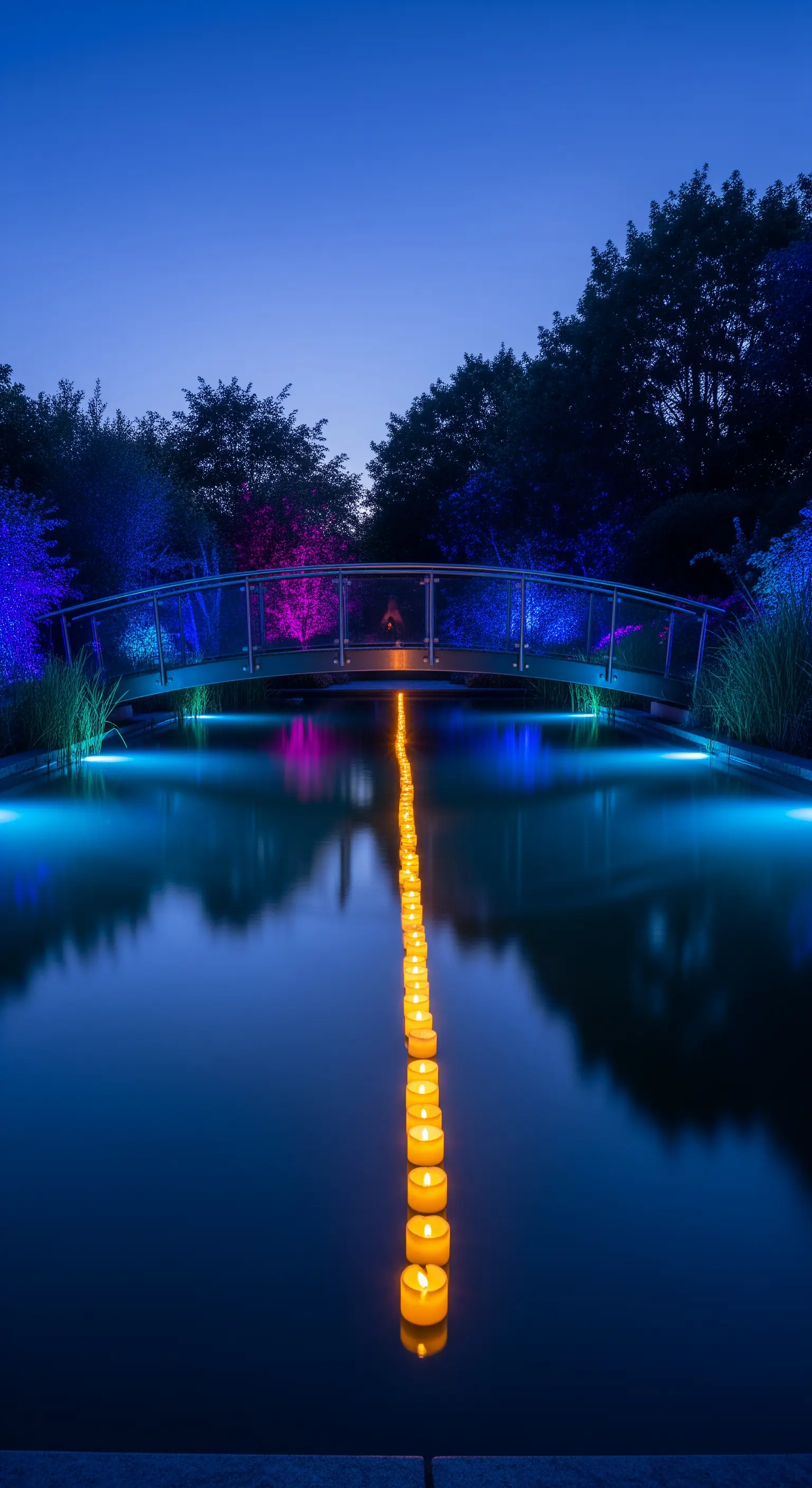 Ponte moderno con una linea retta di candele galleggianti che attraversa un lago illuminato di blu.