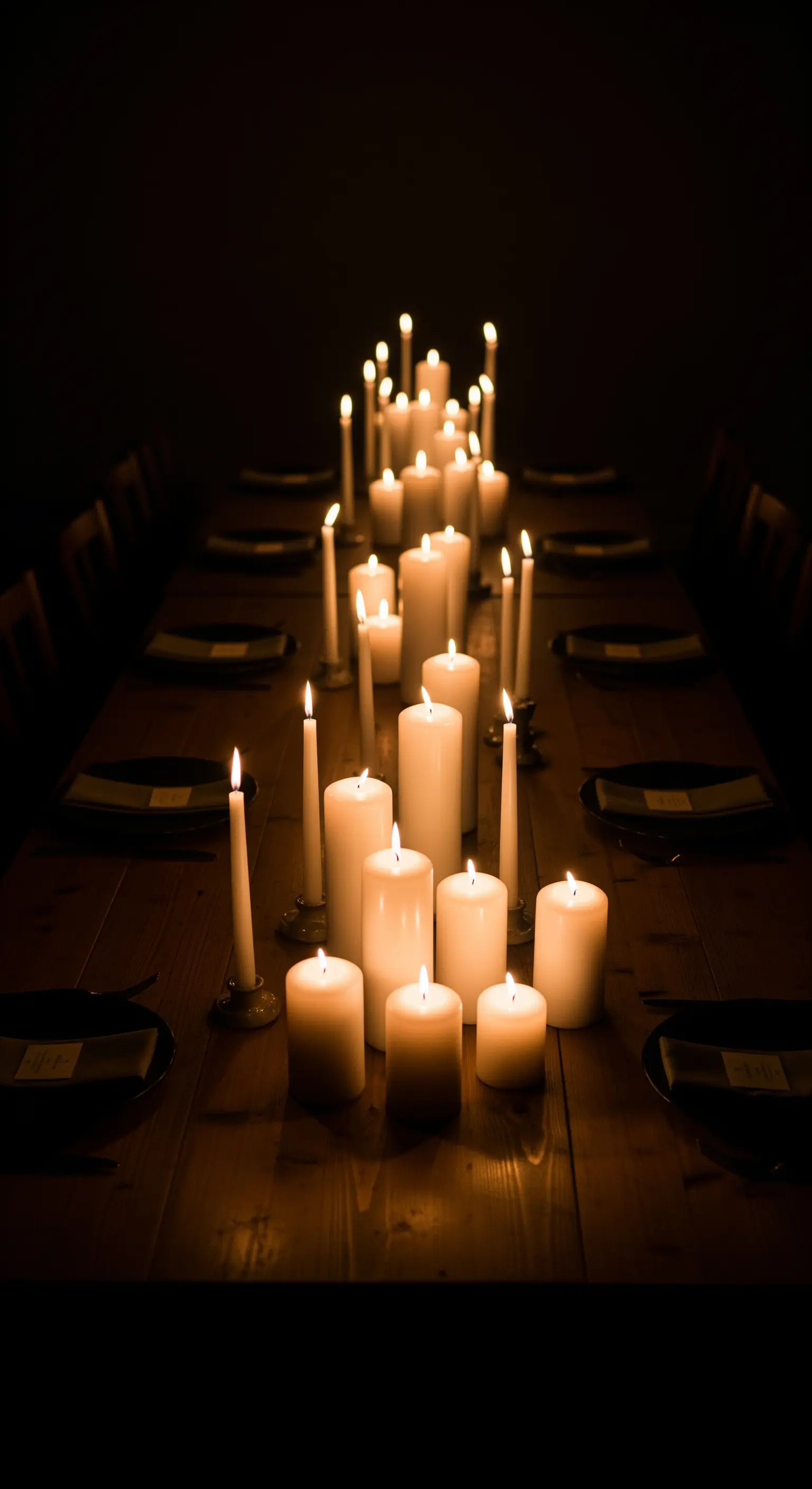 Lungo tavolo in legno al buio, illuminato solo da un fitto raggruppamento di candele accese.