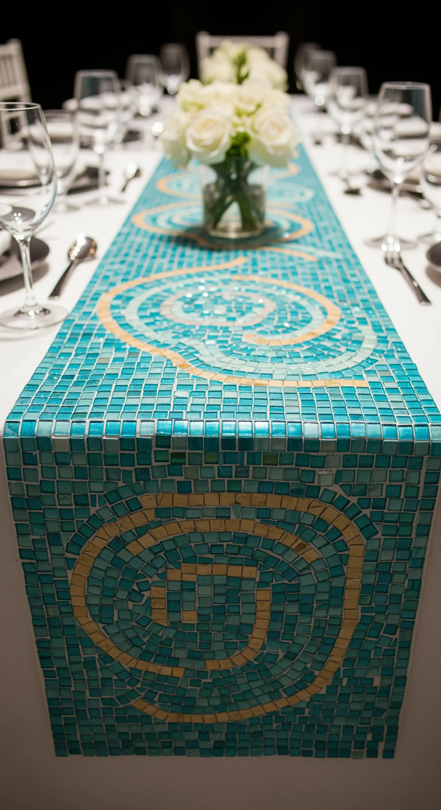 Dettaglio di un runner da tavola realizzato con tessere di mosaico turchesi e dorate.