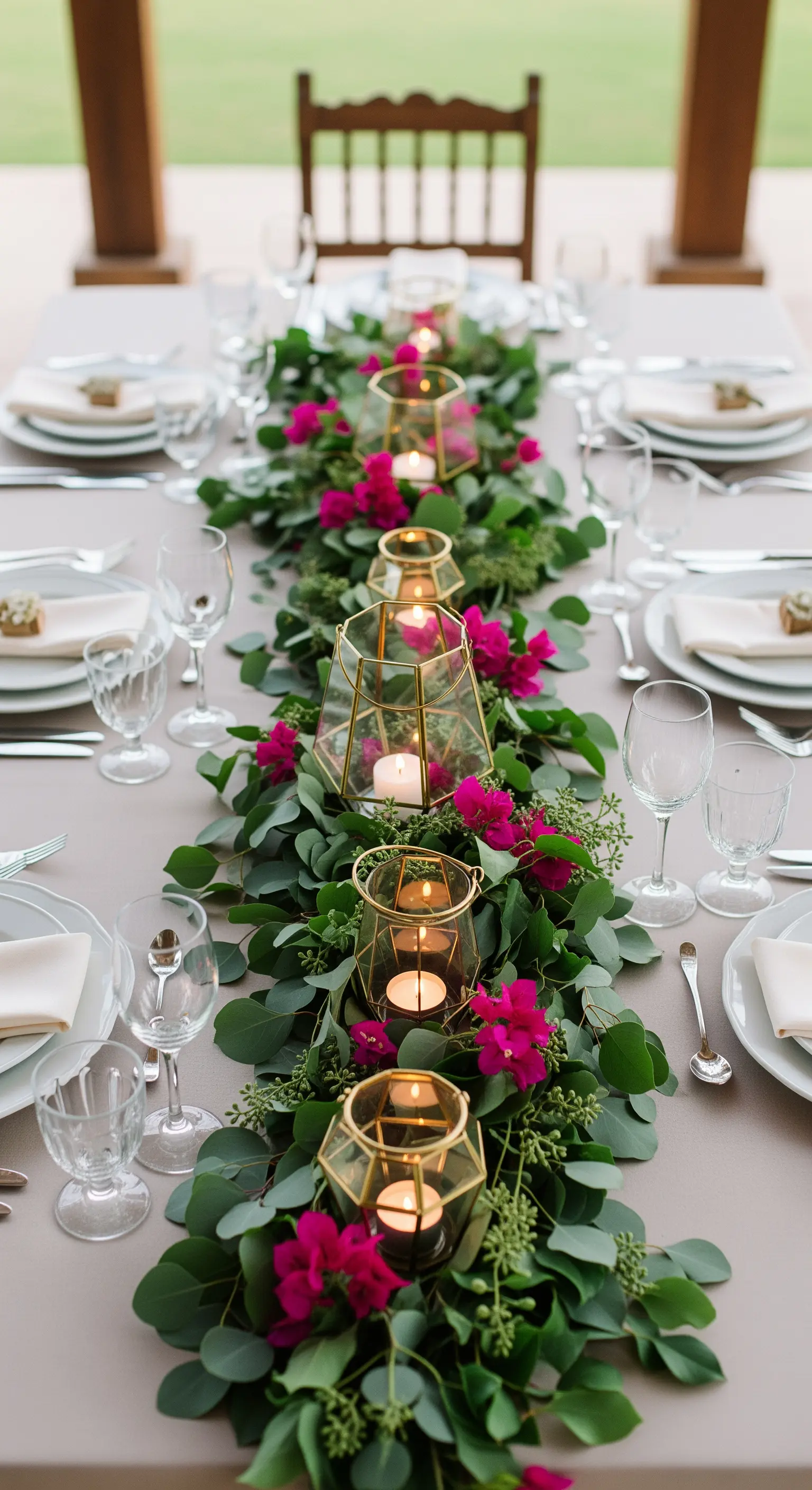 Runner di eucalipto e bouganville fucsia con lanterne dorate su una lunga tavolata.