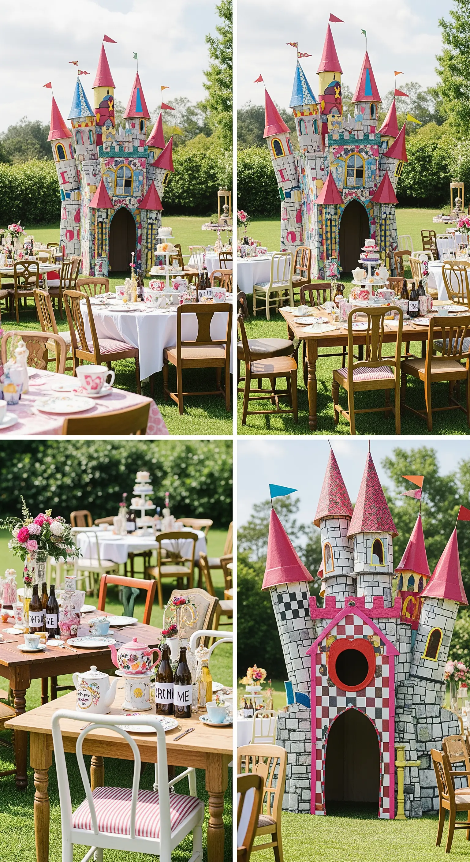 Tea party in giardino a tema Alice nel Paese delle Meraviglie con castello colorato.