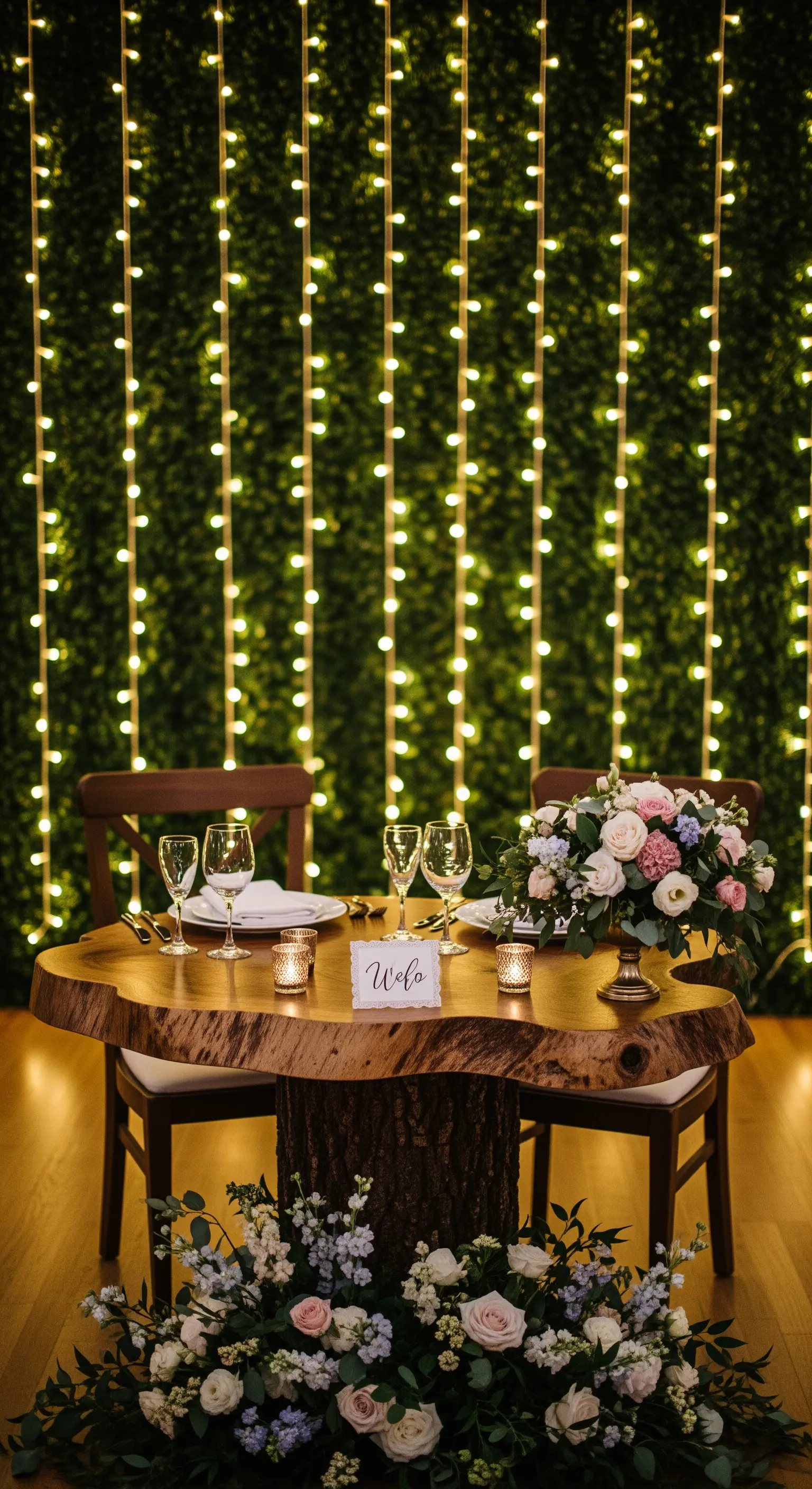 Tavolo per due davanti a una parete verde con una cascata di luci verticali.