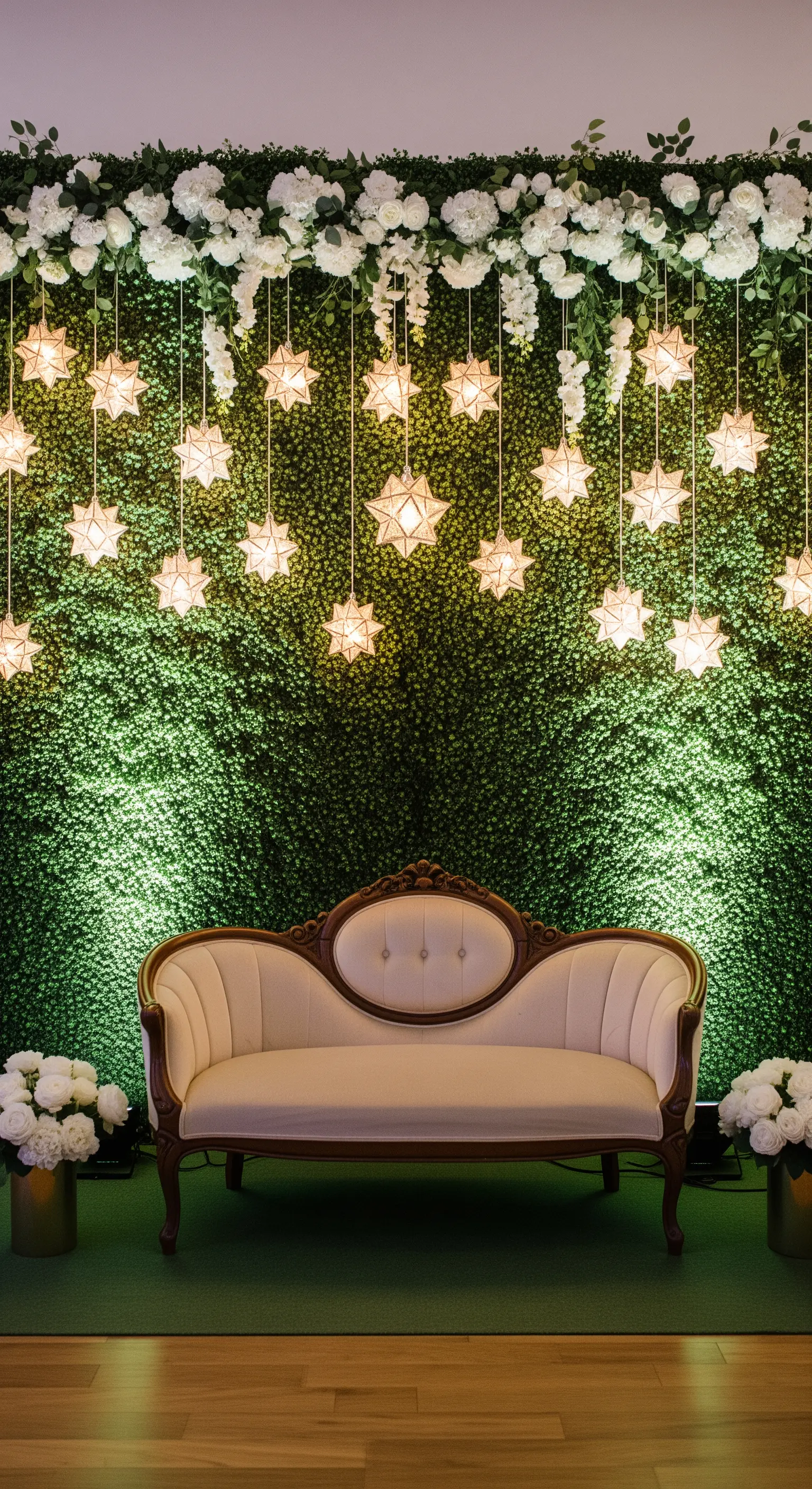 Photobooth con parete verde, divanetto vintage e una cascata di luci a forma di stella