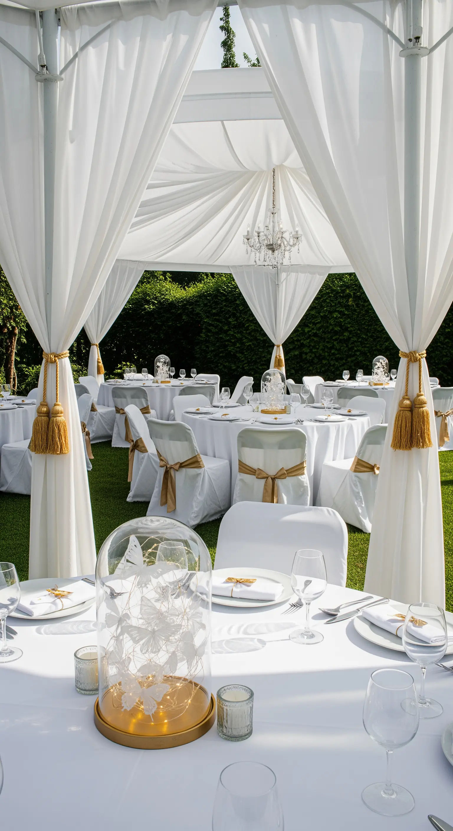 Gazebo da giardino allestito per una festa, con teli bianchi, dettagli dorati e tavoli rotondi.