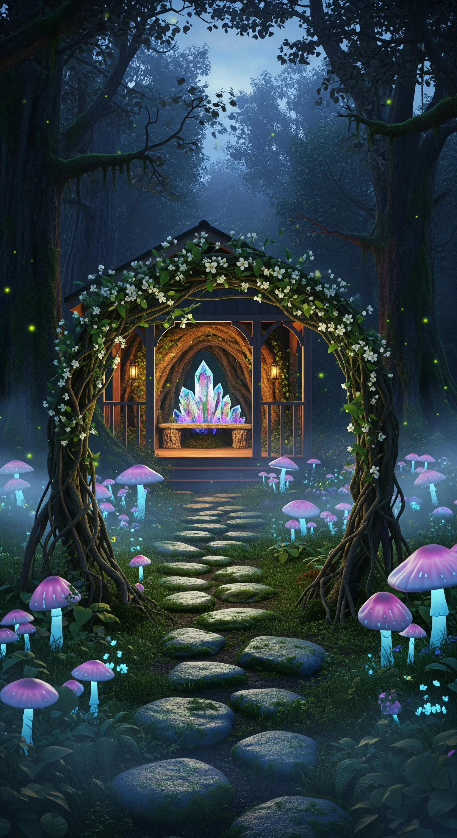 Gazebo in una foresta magica, con un sentiero illuminato da funghi bioluminescenti e cristalli.