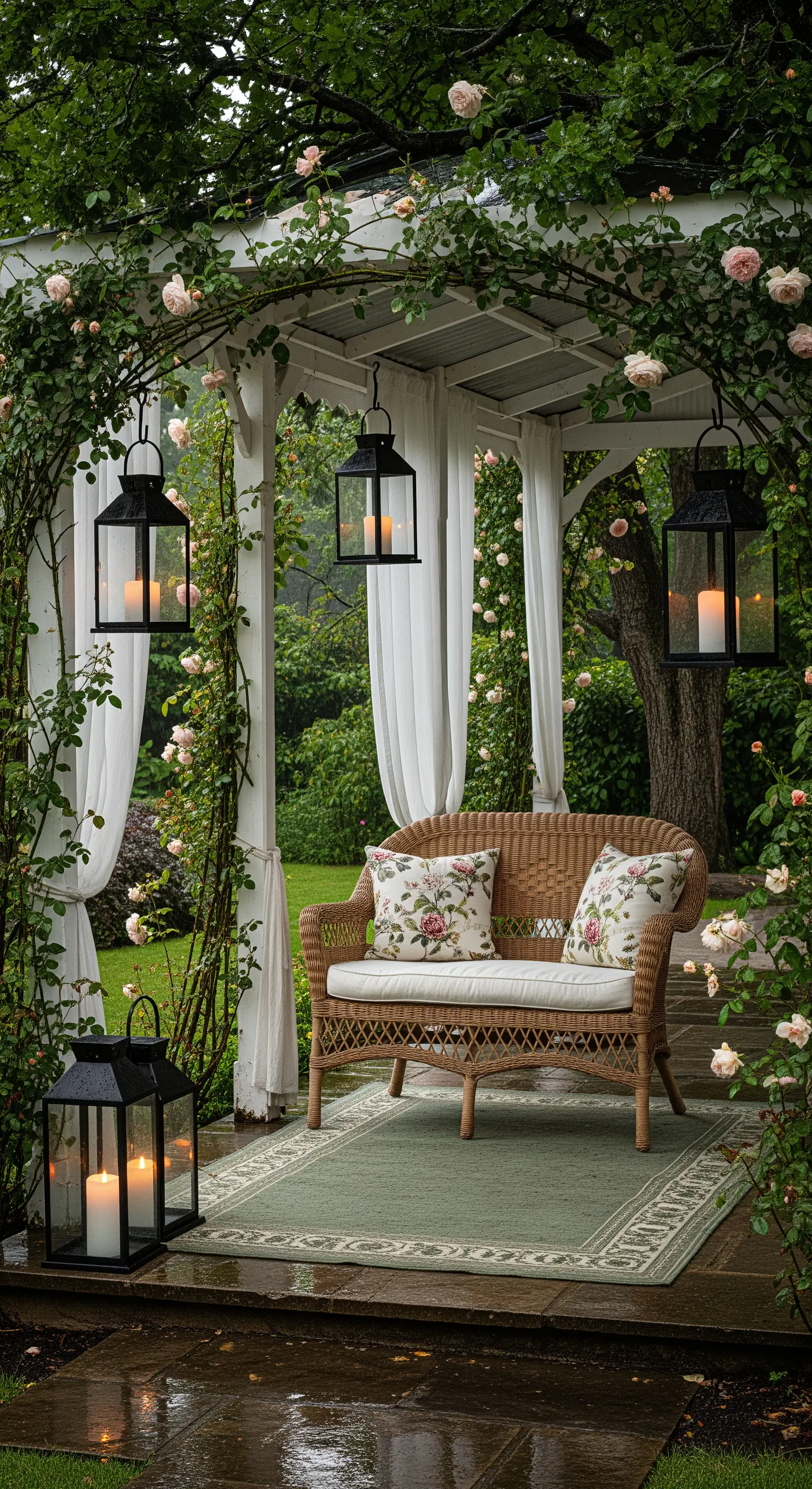 Gazebo bianco in un giardino, coperto di rose, con divanetto in vimini e lanterne nere