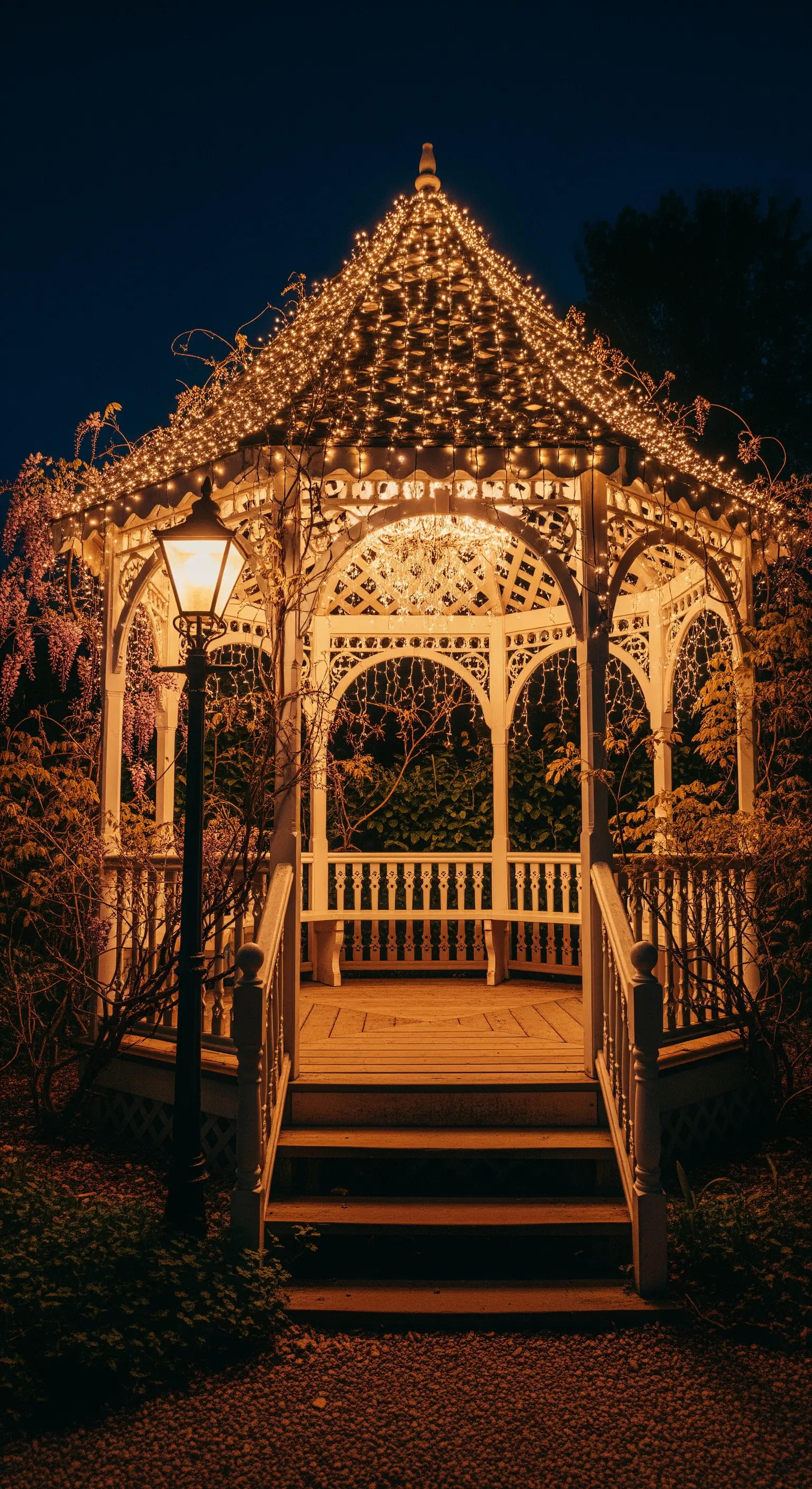Gazebo in legno bianco interamente avvolto da una fitta rete di lucine calde e scintillanti.