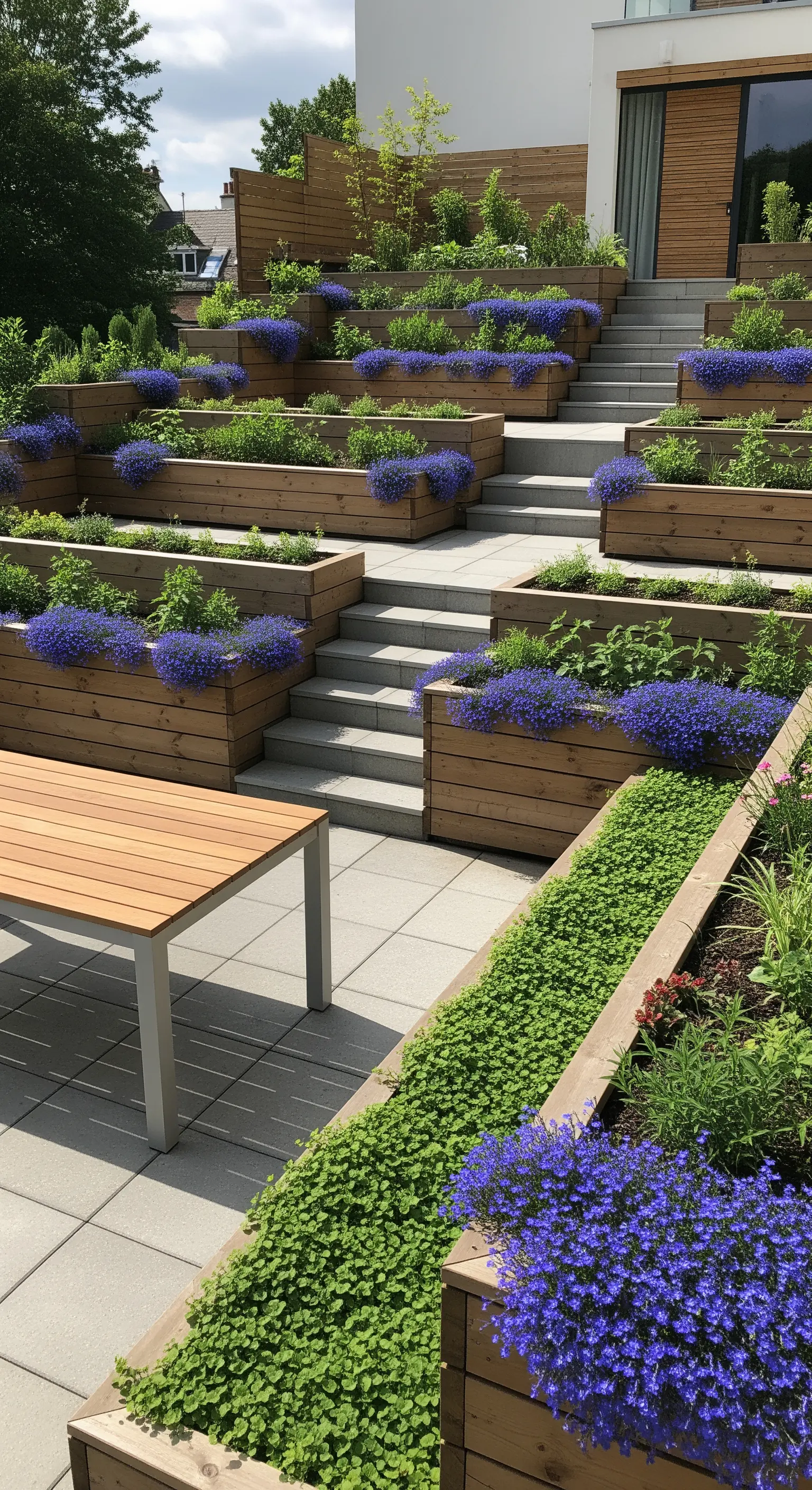 Giardino in pendenza con grandi fioriere a cassone in legno disposte su più livelli