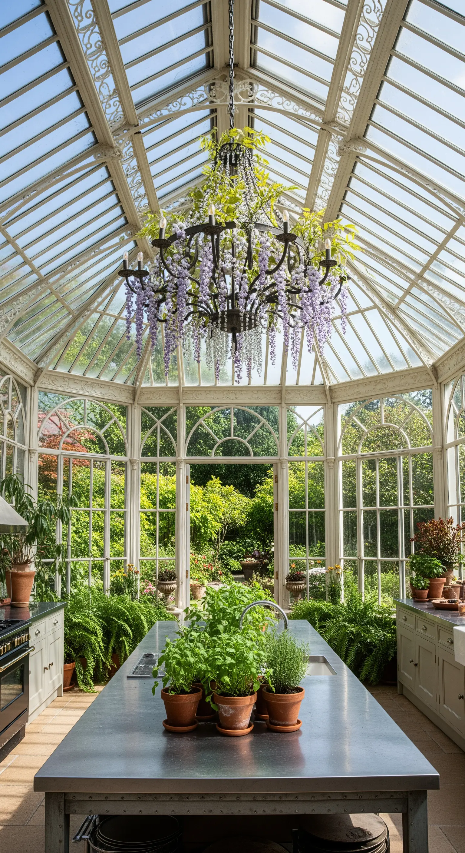 Cucina in una serra di vetro con un grande lampadario in ferro battuto avvolto dal glicine
