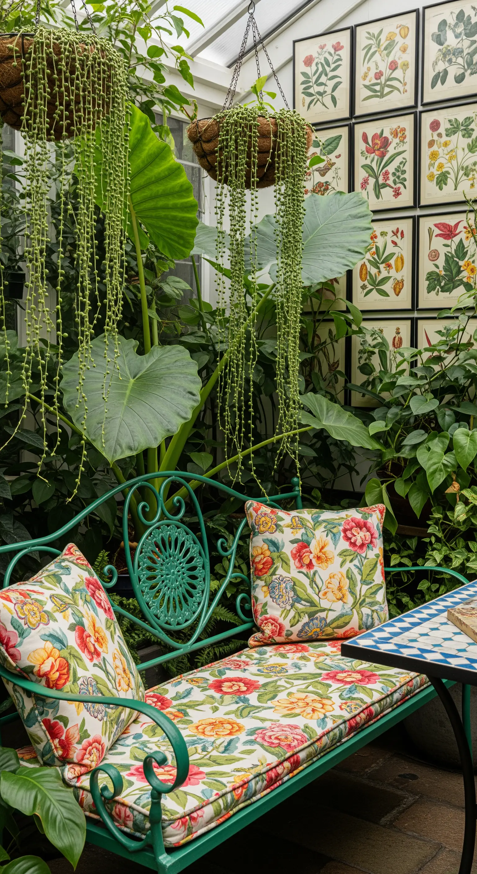 Panca da giardino in ferro verde con cuscini floreali, circondata da piante e stampe botaniche.