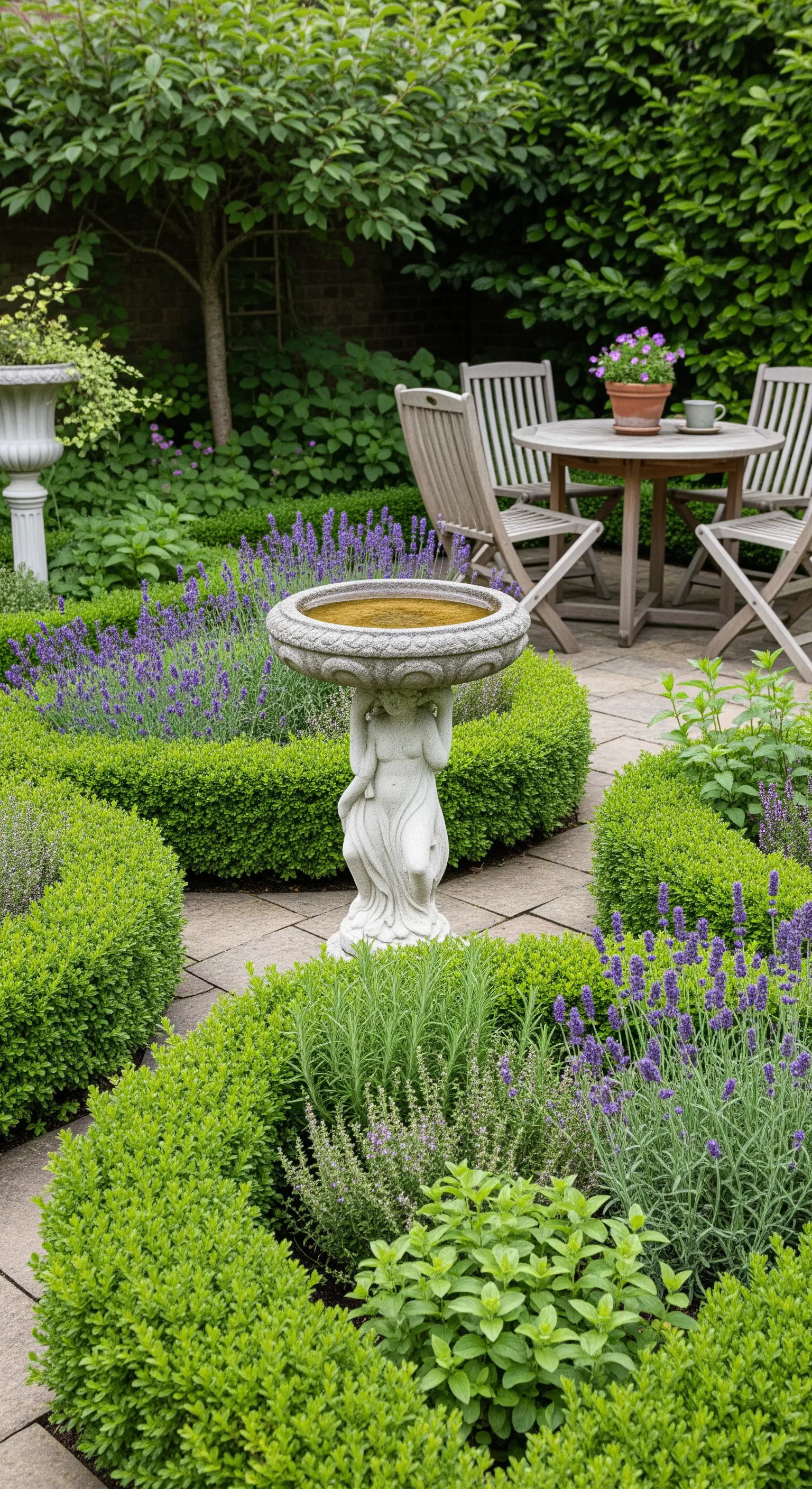Giardino di erbe aromatiche con una vasca per uccelli a forma di statua e lavanda in fiore.