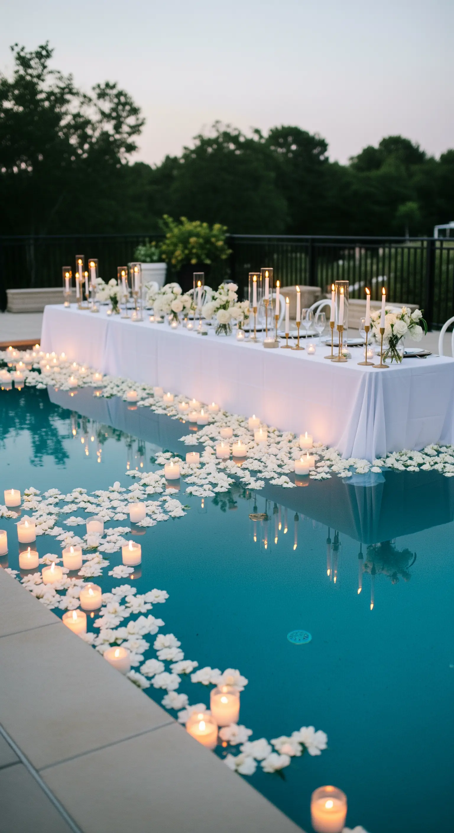 Tavolo da festa a bordo piscina, con centinaia di candele e petali galleggianti sull'acqua.