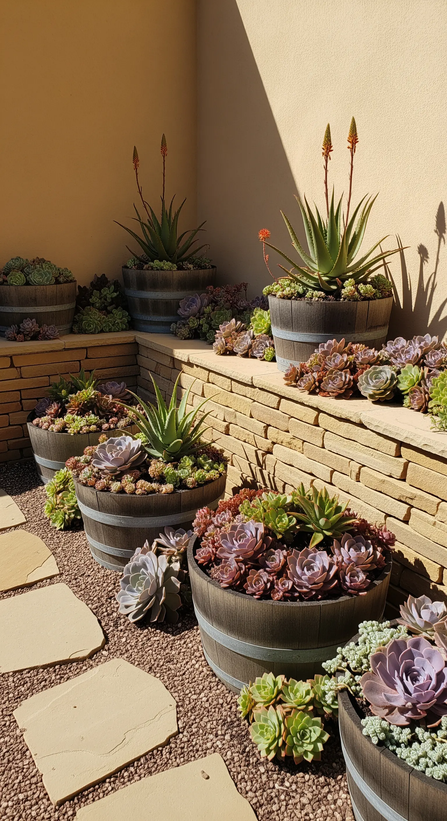 Composizione di piante grasse e succulente in diverse botti di legno scuro disposte su più livelli