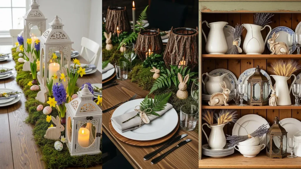 Allestimento pasquale con lanterne, coniglietti in legno, fiori e muschio, che crea un'atmosfera di giardino fiorito.