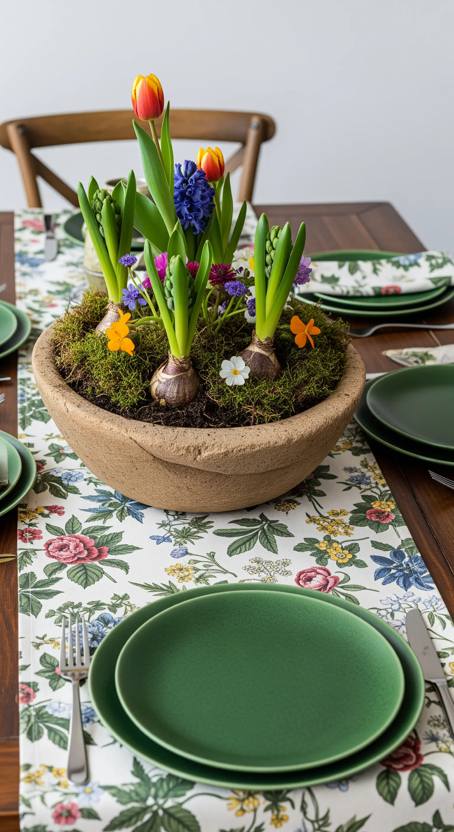 Centrotavola con bulbi di giacinti e tulipani piantati in una ciotola di terracotta con muschio