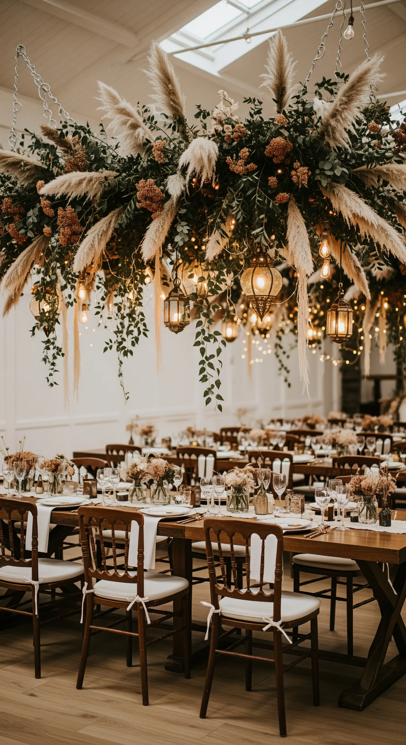 Installazione floreale sospesa con pampas, verde e lanterne sopra un tavolo da ricevimento in legno