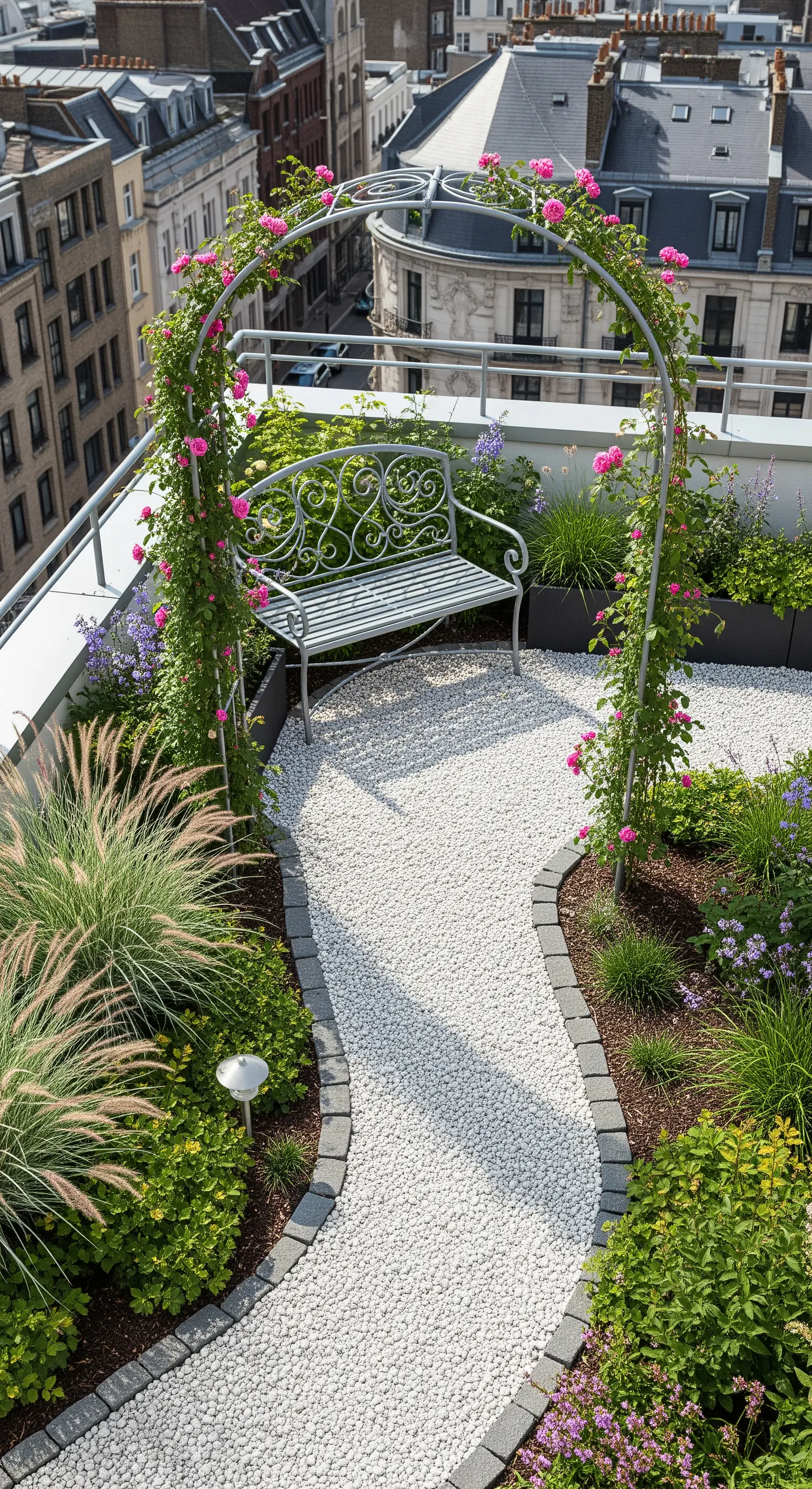 Terrazza panoramica con arco di rose, panchina e sentiero di ghiaia tra le fioriere.