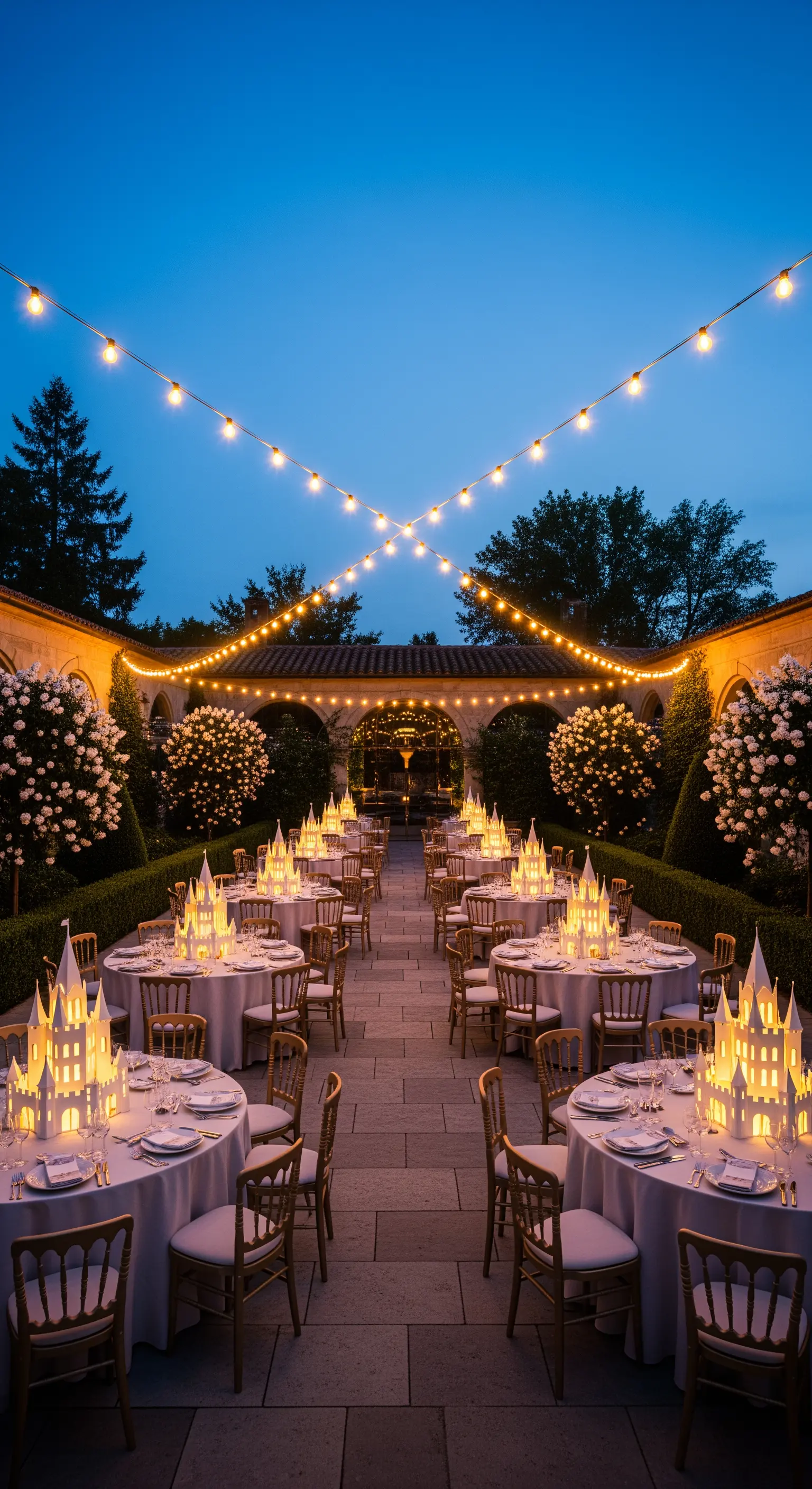 Elegante festa in giardino di sera con centrotavola a forma di castelli luminosi.
