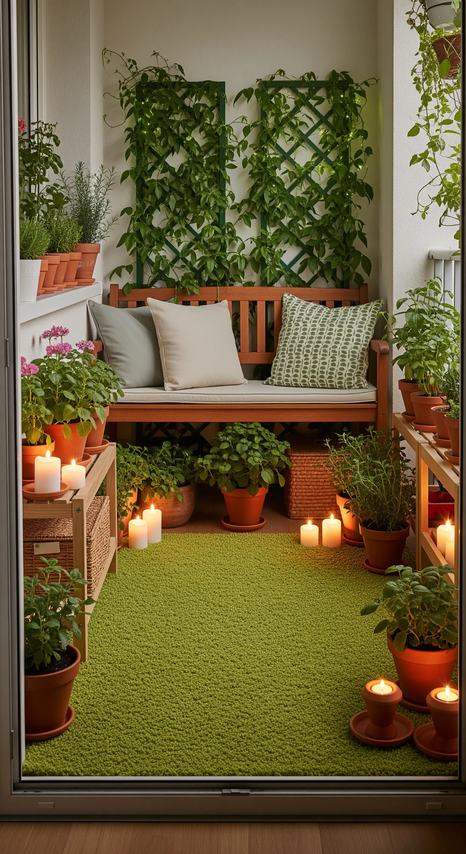 Piccolo balcone verde con panca in legno, piante in vaso e candele nascoste.