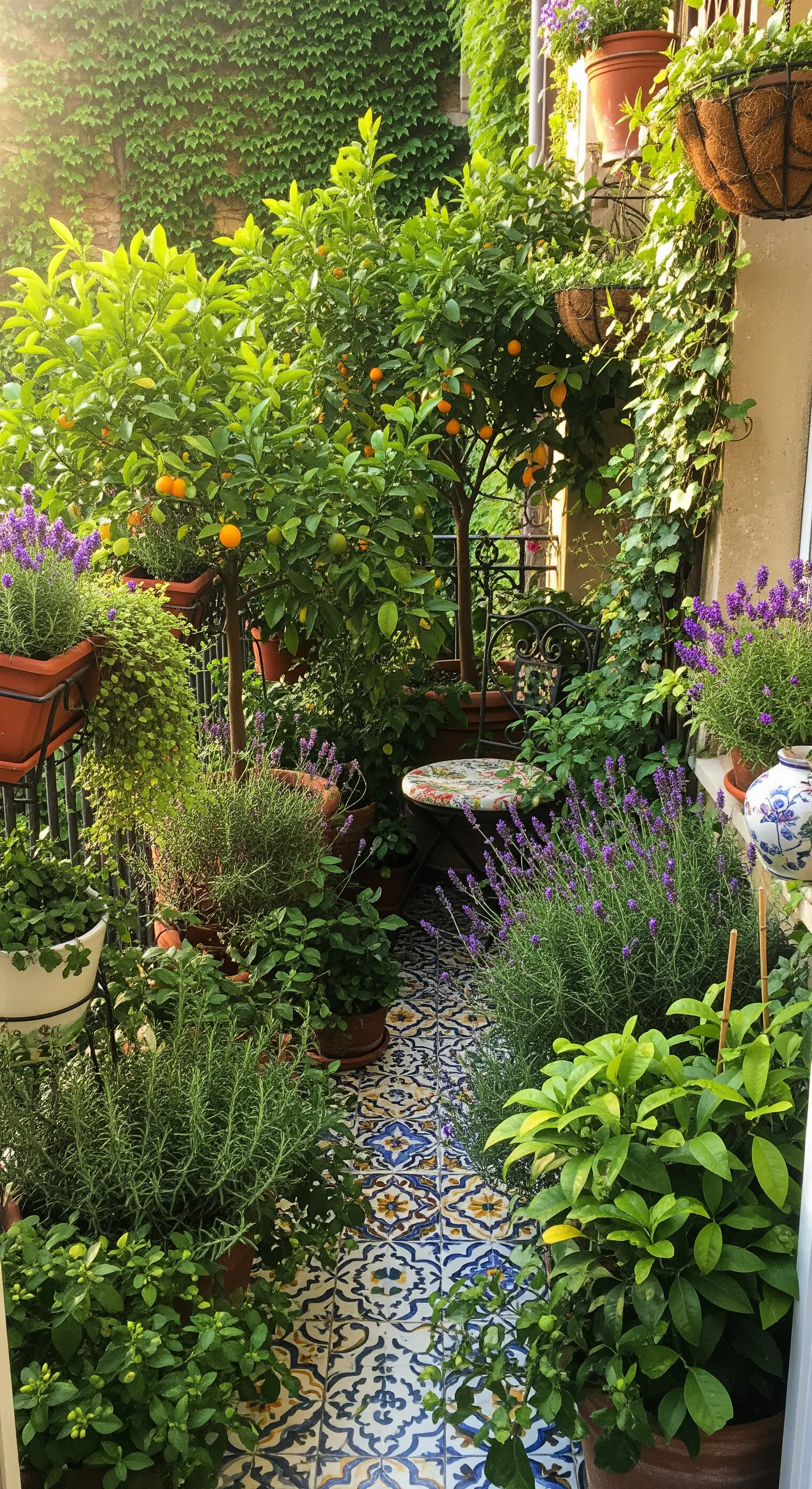 Balcone piccolo e rigoglioso, pieno di piante come lavanda e agrumi, con pavimento a maioliche.