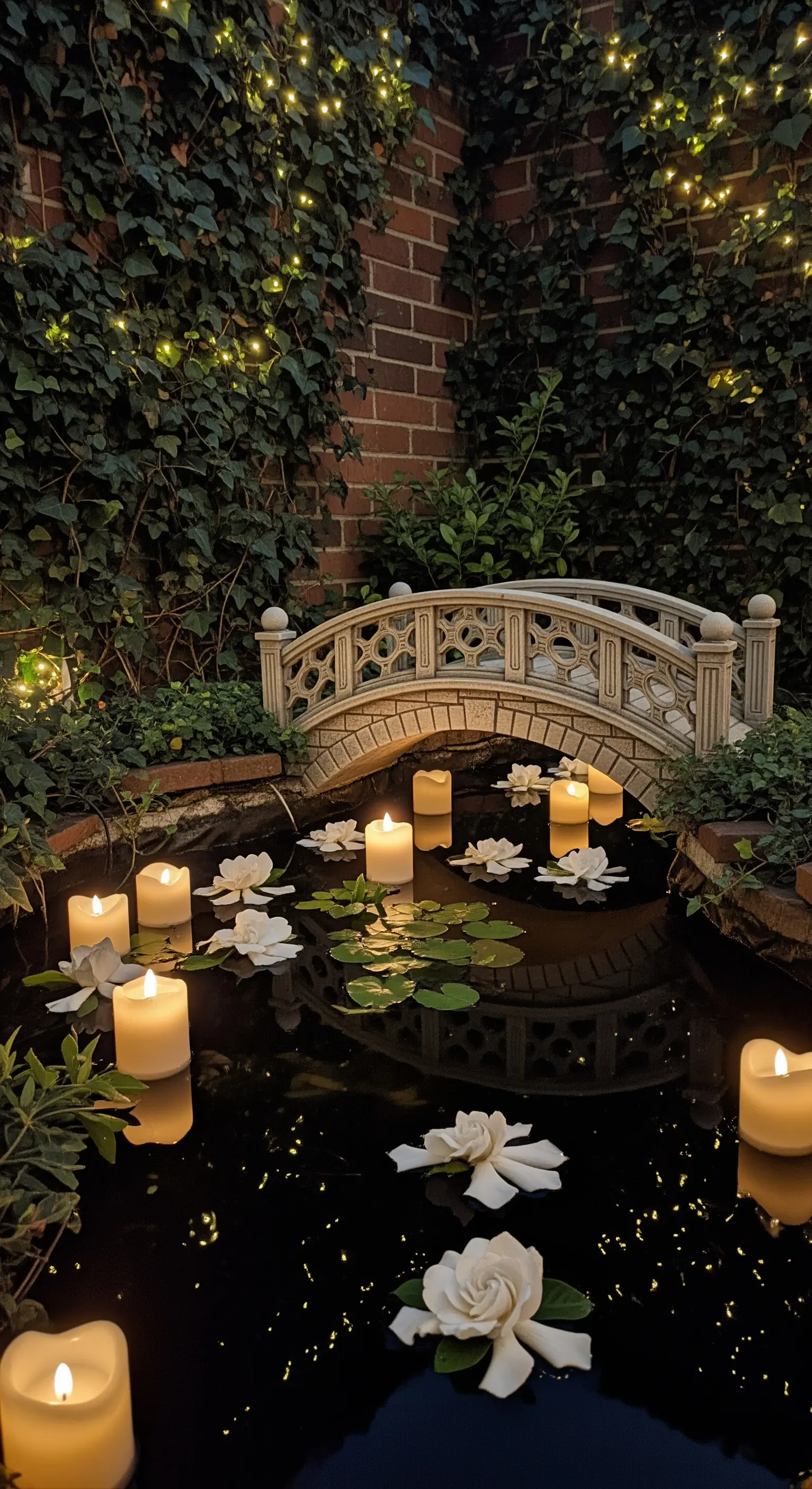 Piccolo cortile con laghetto, ponte in pietra, edera e grandi candele bianche sull'acqua.