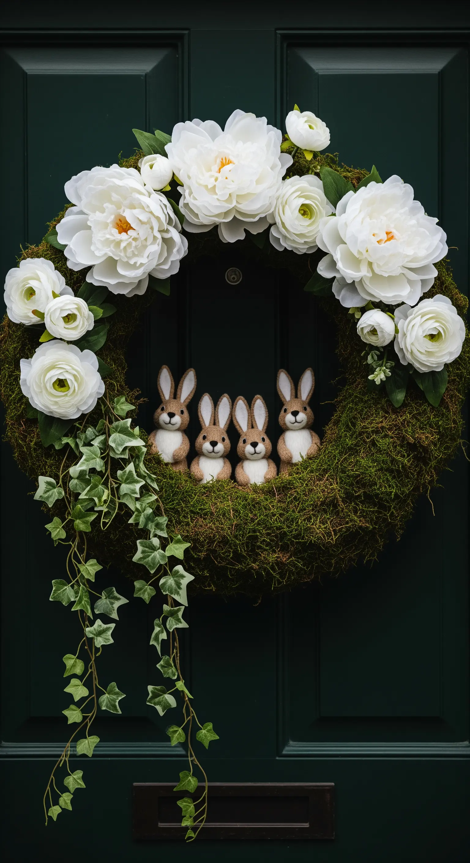 Ghirlanda di muschio verde con peonie bianche, edera e quattro coniglietti in feltro.