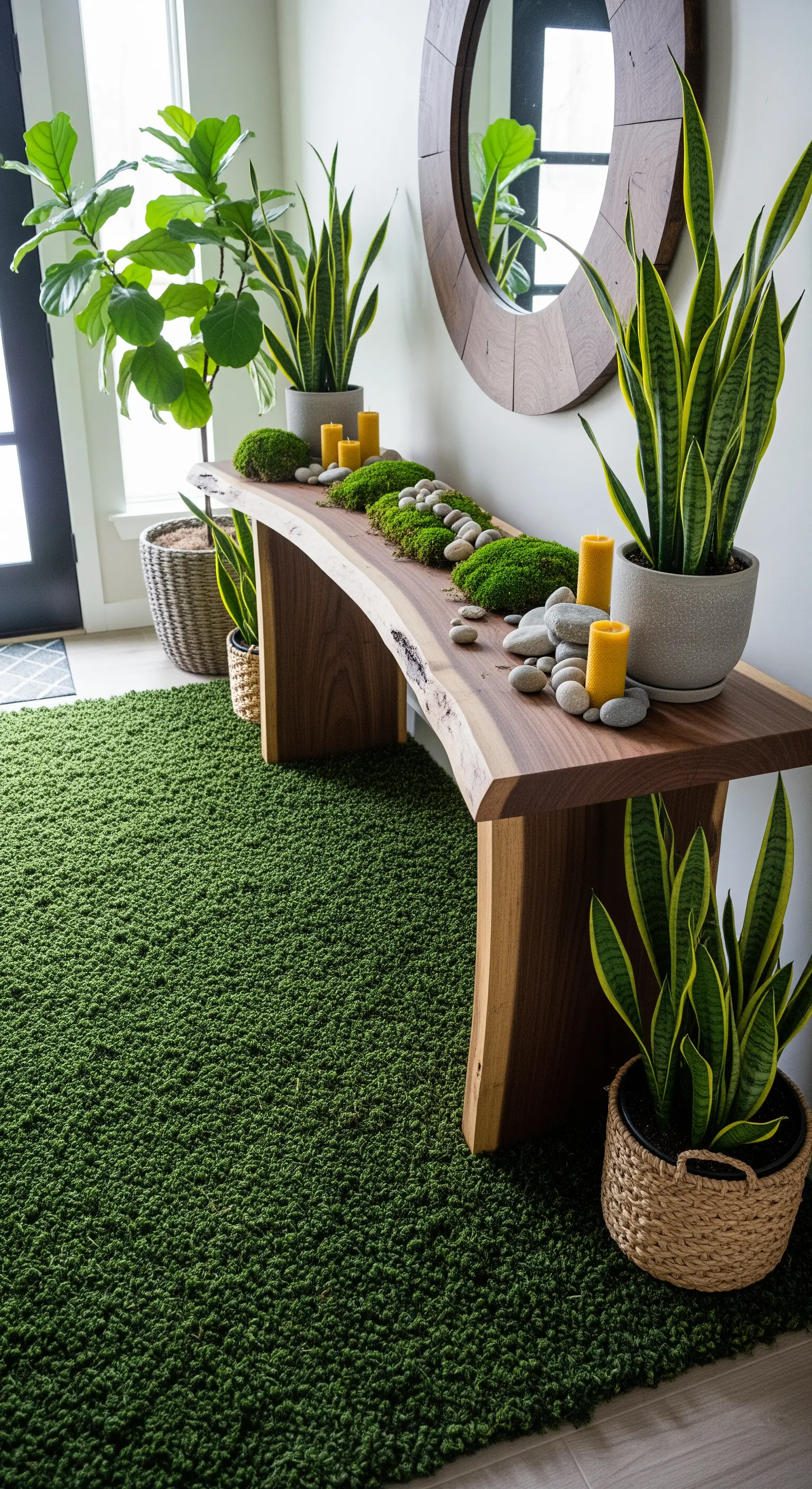 Ingresso a tema botanico con tappeto verde intenso, consolle live-edge e molte piante.