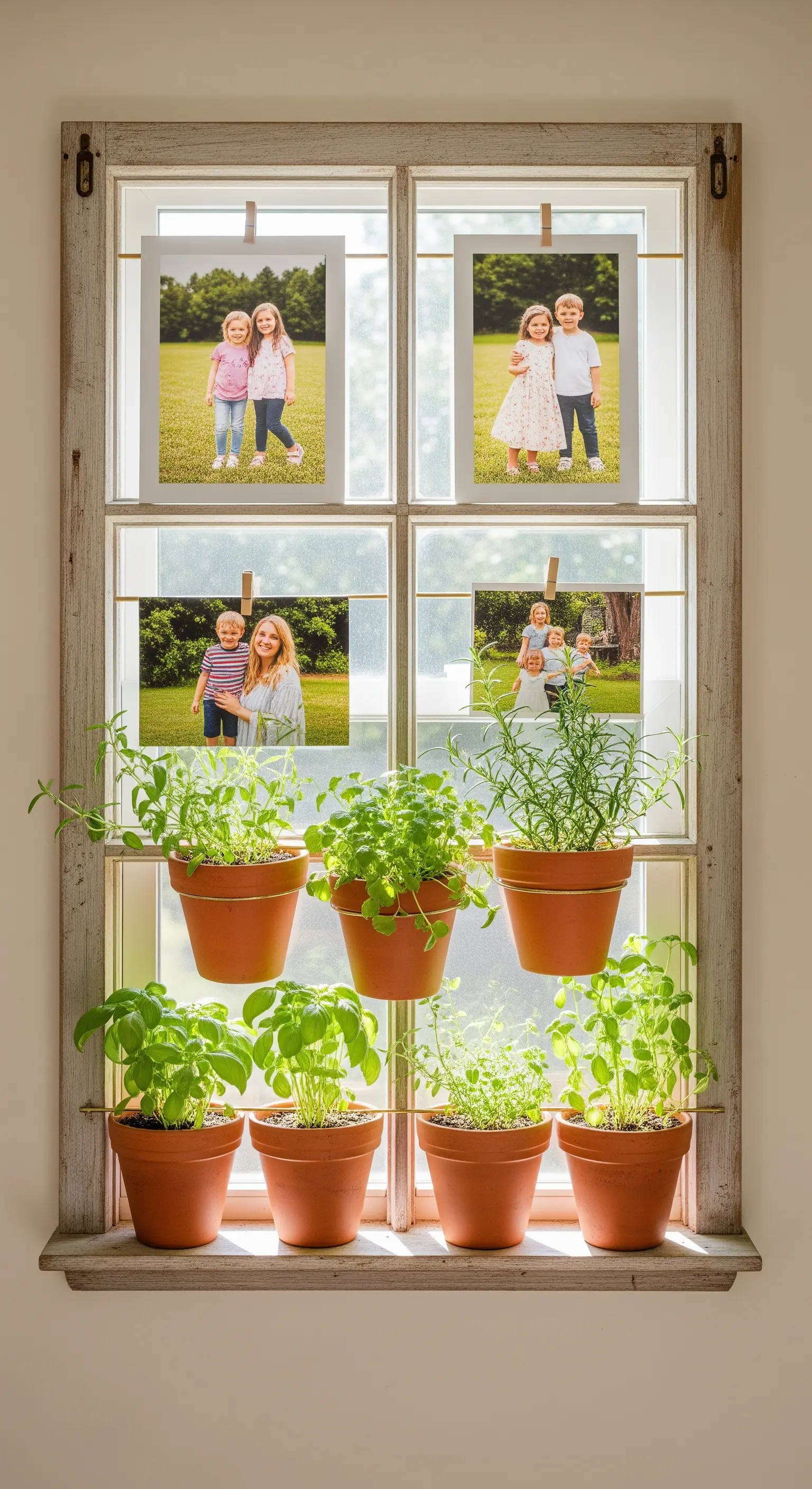 Vecchia finestra sul davanzale di una cucina, con foto appese sopra e vasetti di erbe aromatiche sotto.