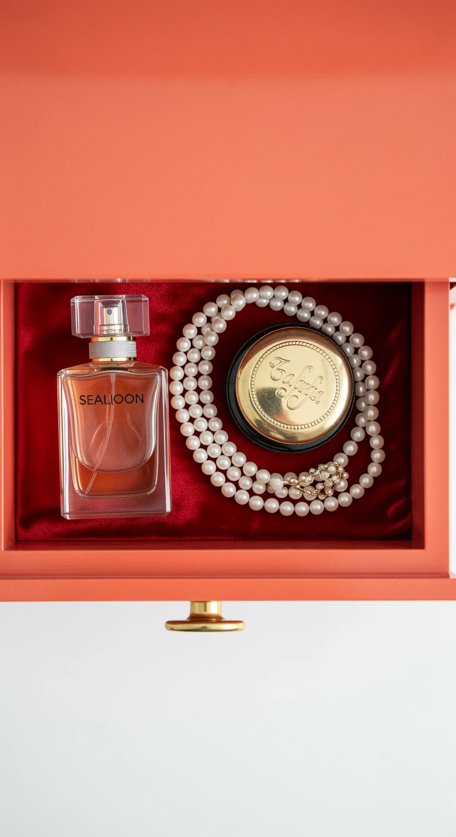 Cassetto color corallo rivestito in raso rosso, contenente un profumo e una collana di perle.