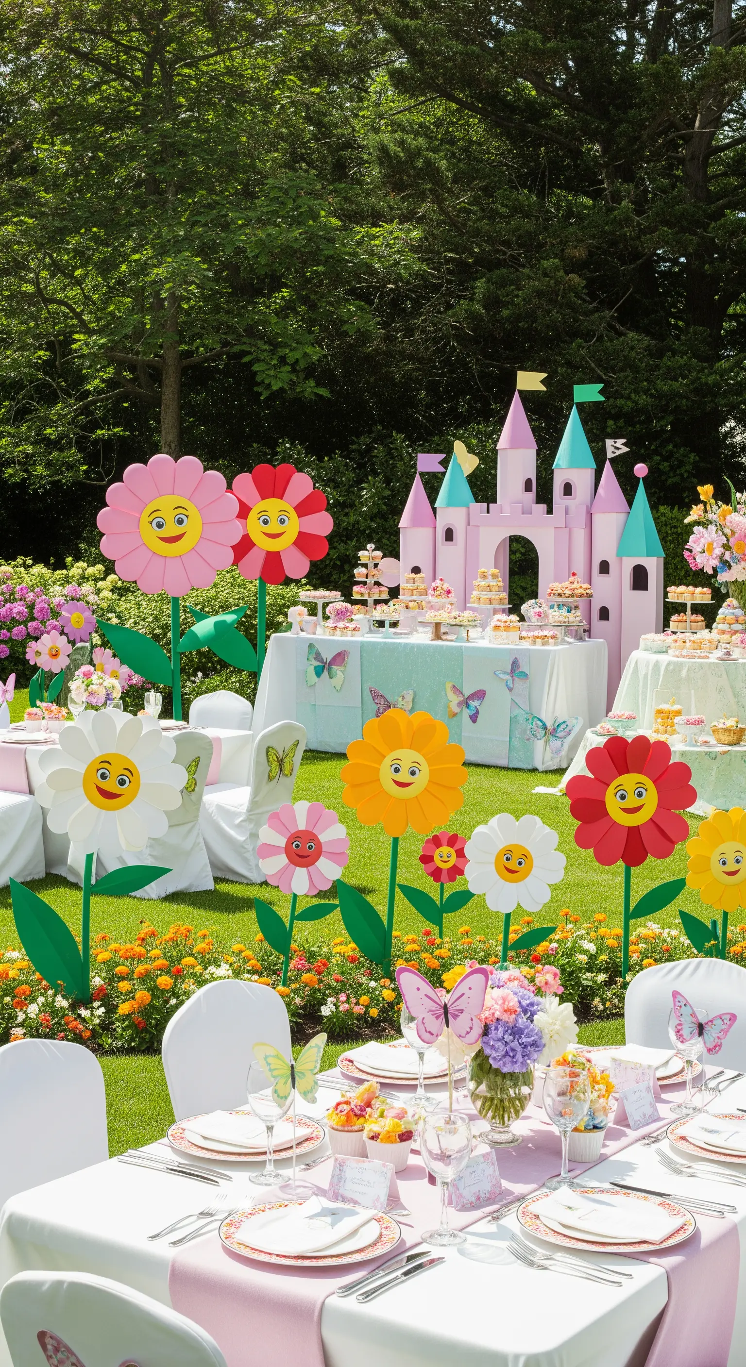 Festa di compleanno in giardino con grandi fiori sorridenti e un castello color pastello.