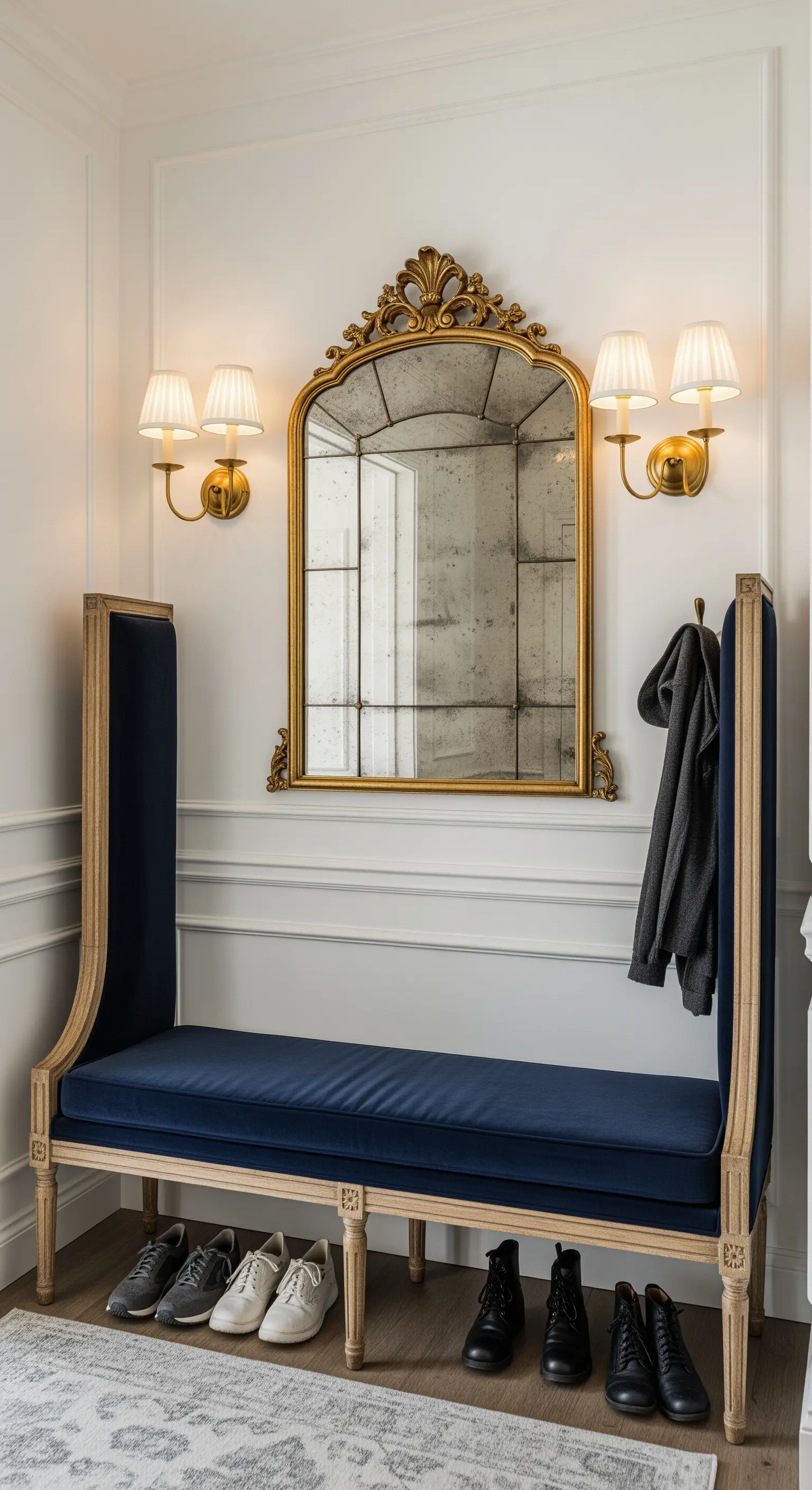 Panca con schienale alto in velluto blu in un ingresso con specchio dorato.
