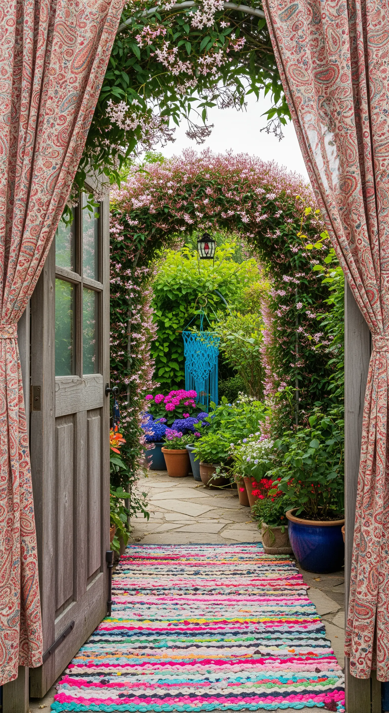 Ingresso al giardino incorniciato da tende paisley e un tappeto runner colorato.