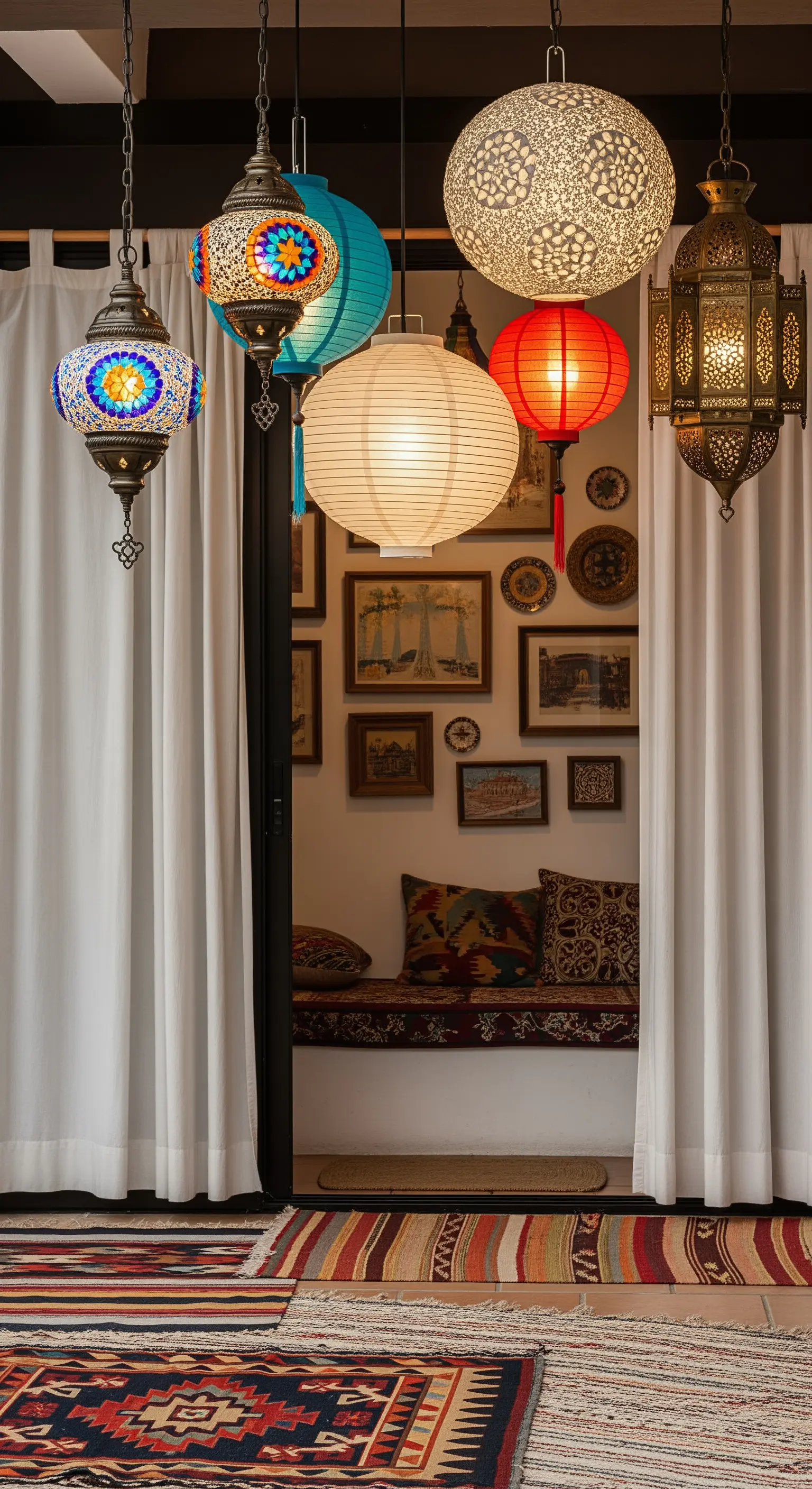 Ingresso di un patio con un mix di lanterne sospese e tappeti etnici sovrapposti.