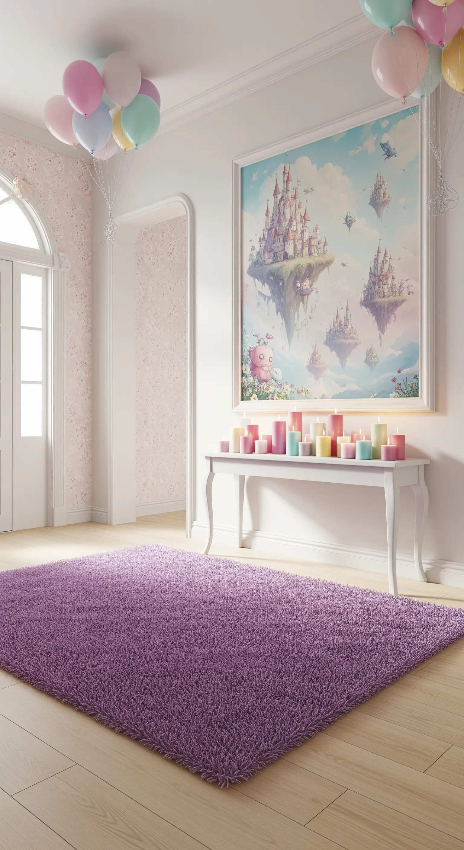 Ingresso sognante con tappeto viola, quadro di un castello e candele color pastello.