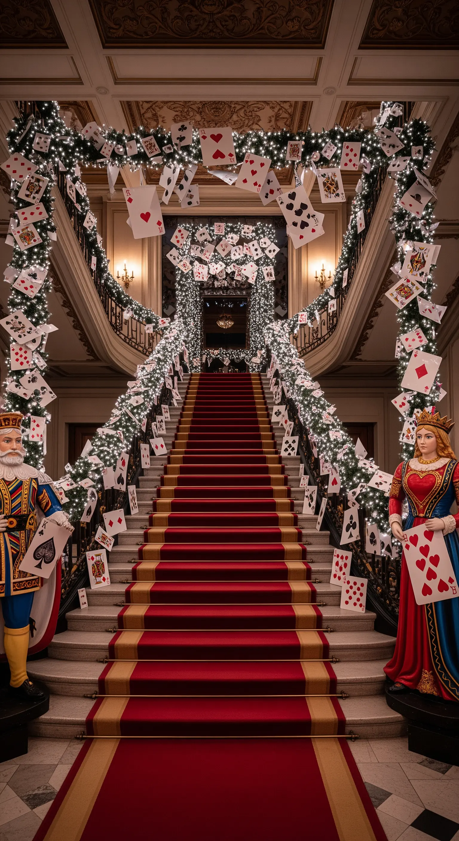 Grande scalinata decorata con ghirlande di luci e carte da gioco per un evento a tema.