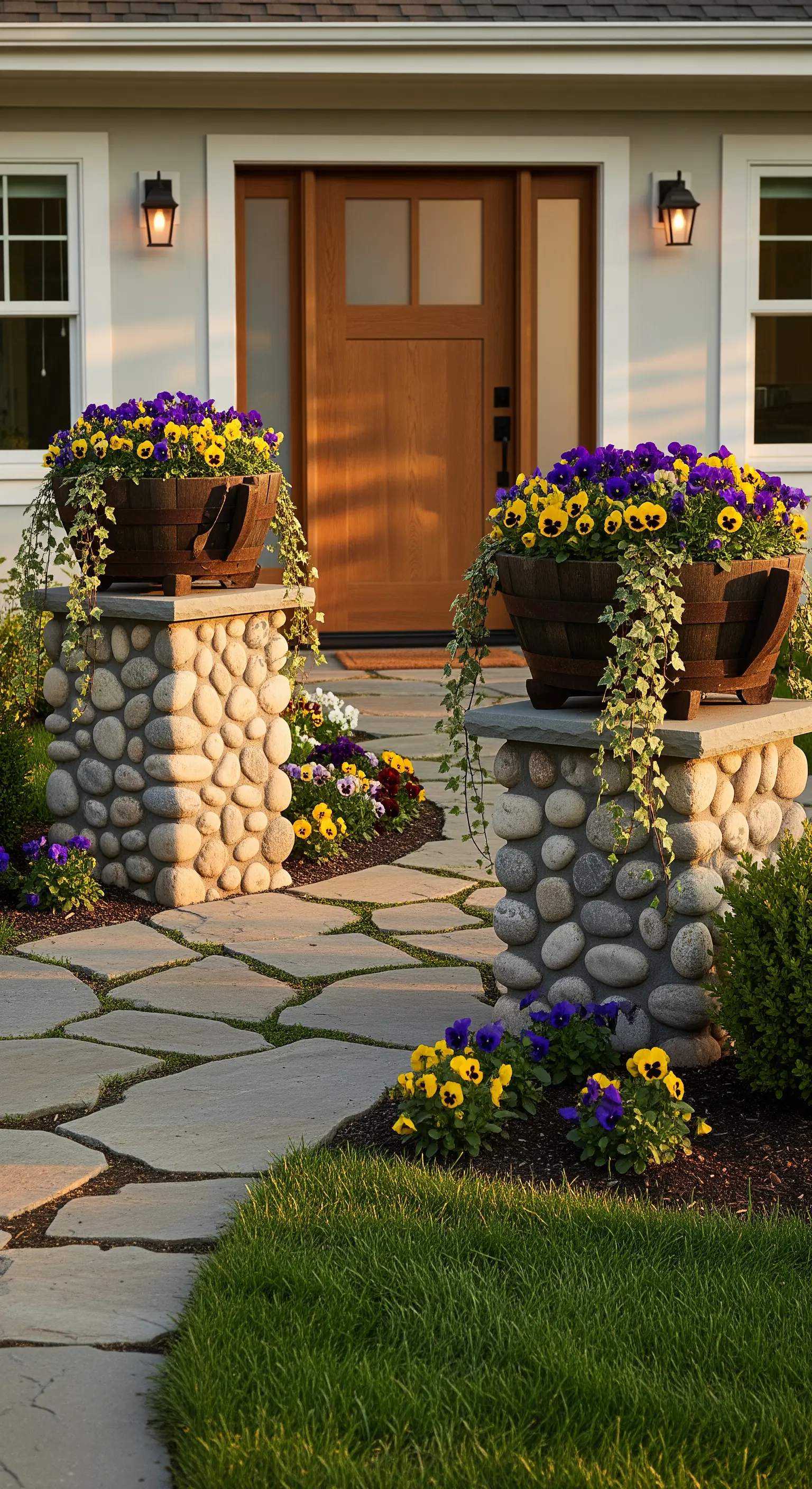 Ingresso di una casa con due colonne in pietra sormontate da fioriere a botte con viole del pensiero