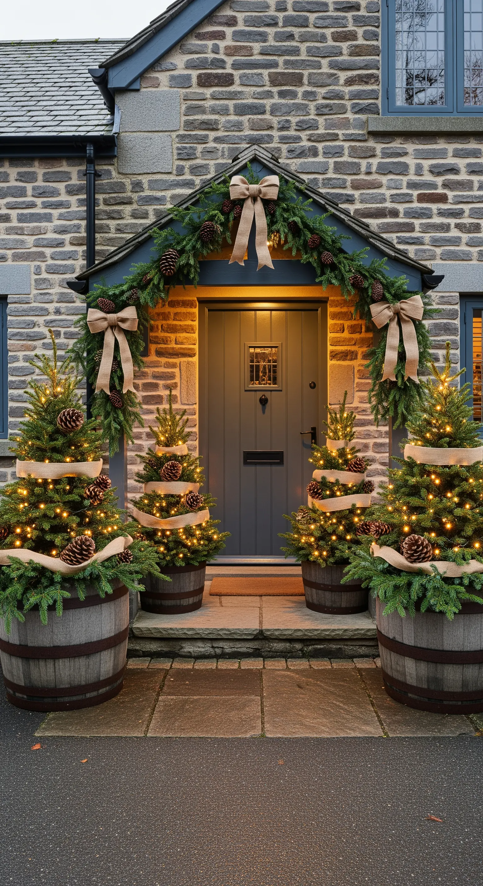 Ingresso di una casa in pietra decorato per Natale con piccoli abeti in botti di legno e luci calde