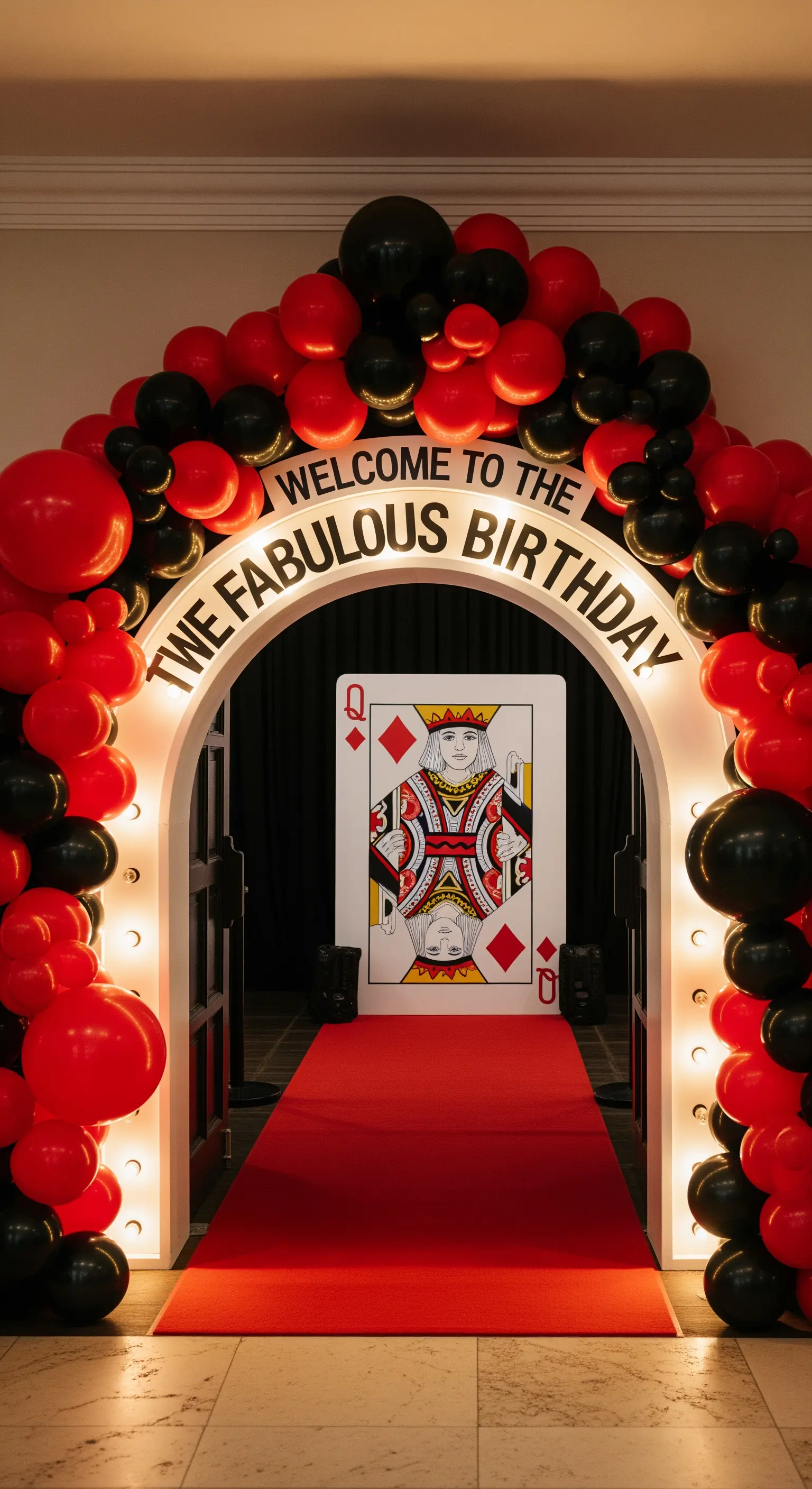 Arco d'ingresso per una festa di compleanno con palloncini rossi e neri e una carta gigante.