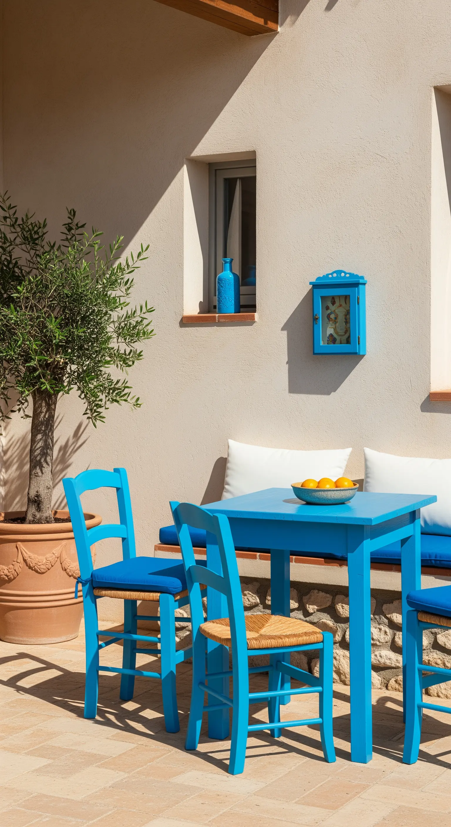 Angolo pranzo all'aperto con tavolo e sedie di un blu acceso e panca in muratura.