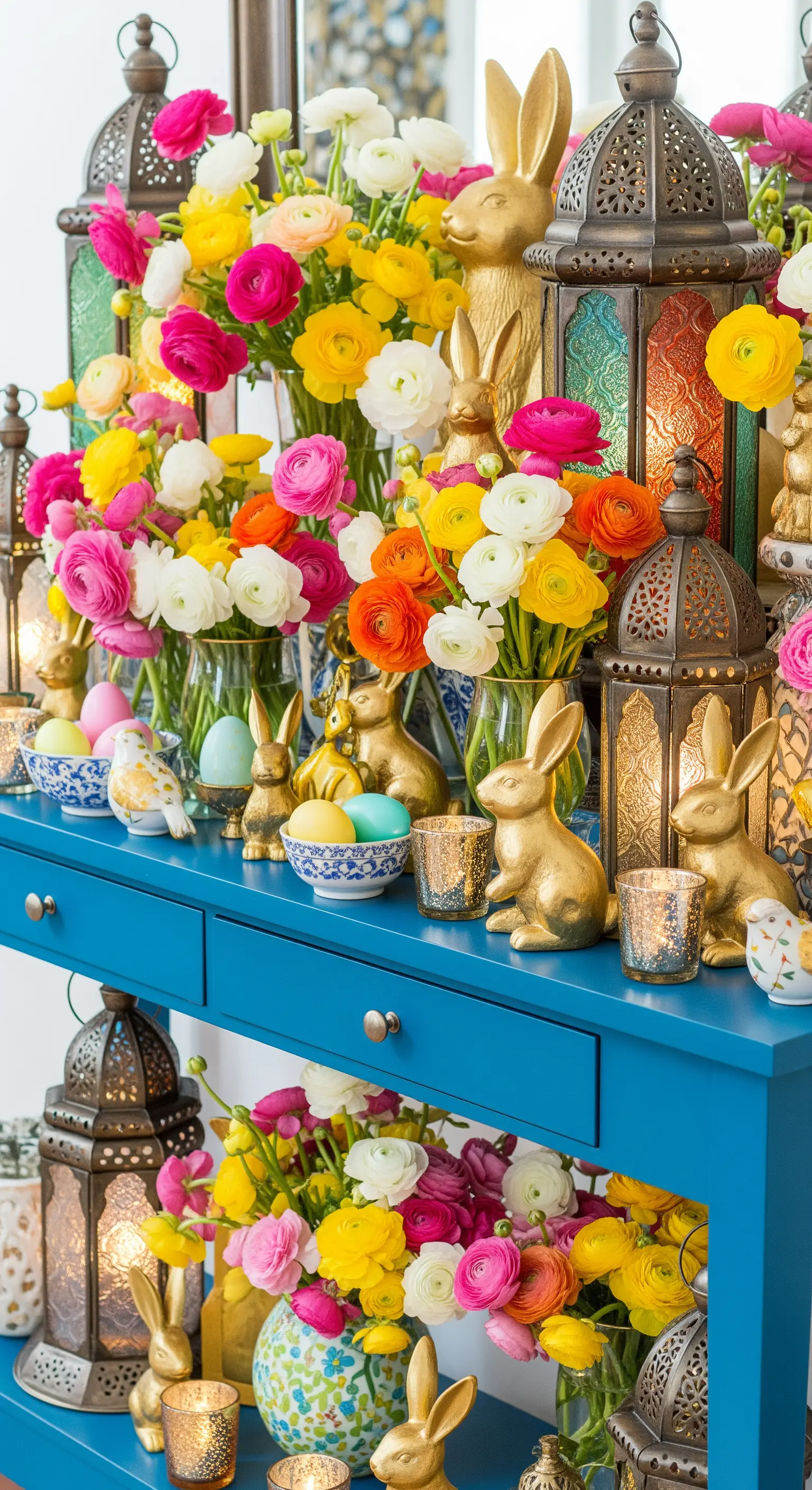 Consolle blu brillante con fiori colorati, coniglietti dorati e lanterne marocchine per Pasqua.