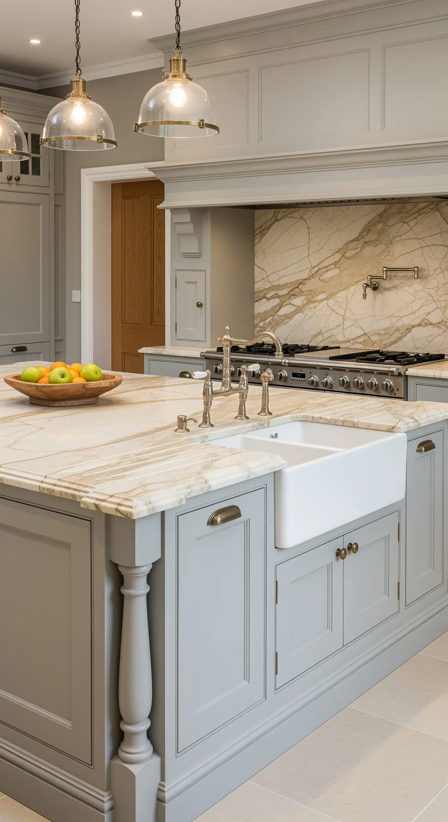 Cucina classica grigia in stile shaker con isola dal top in marmo color crema e lavello a vista.