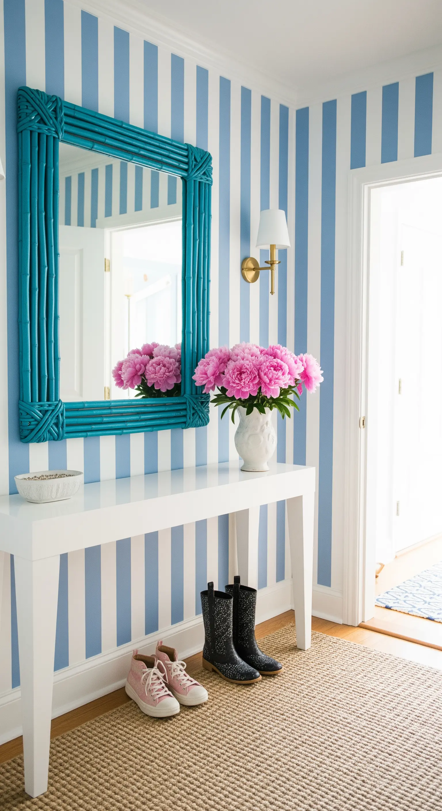 Specchio con cornice in bambù turchese appeso a una parete a righe bianche e blu.
