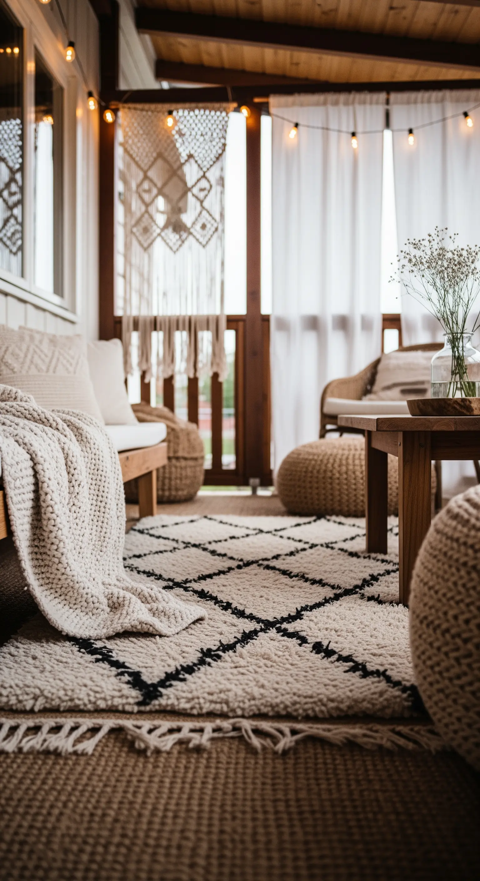 Dettaglio di una veranda con divano, plaid a maglia, pouf e tappeto a pelo lungo.