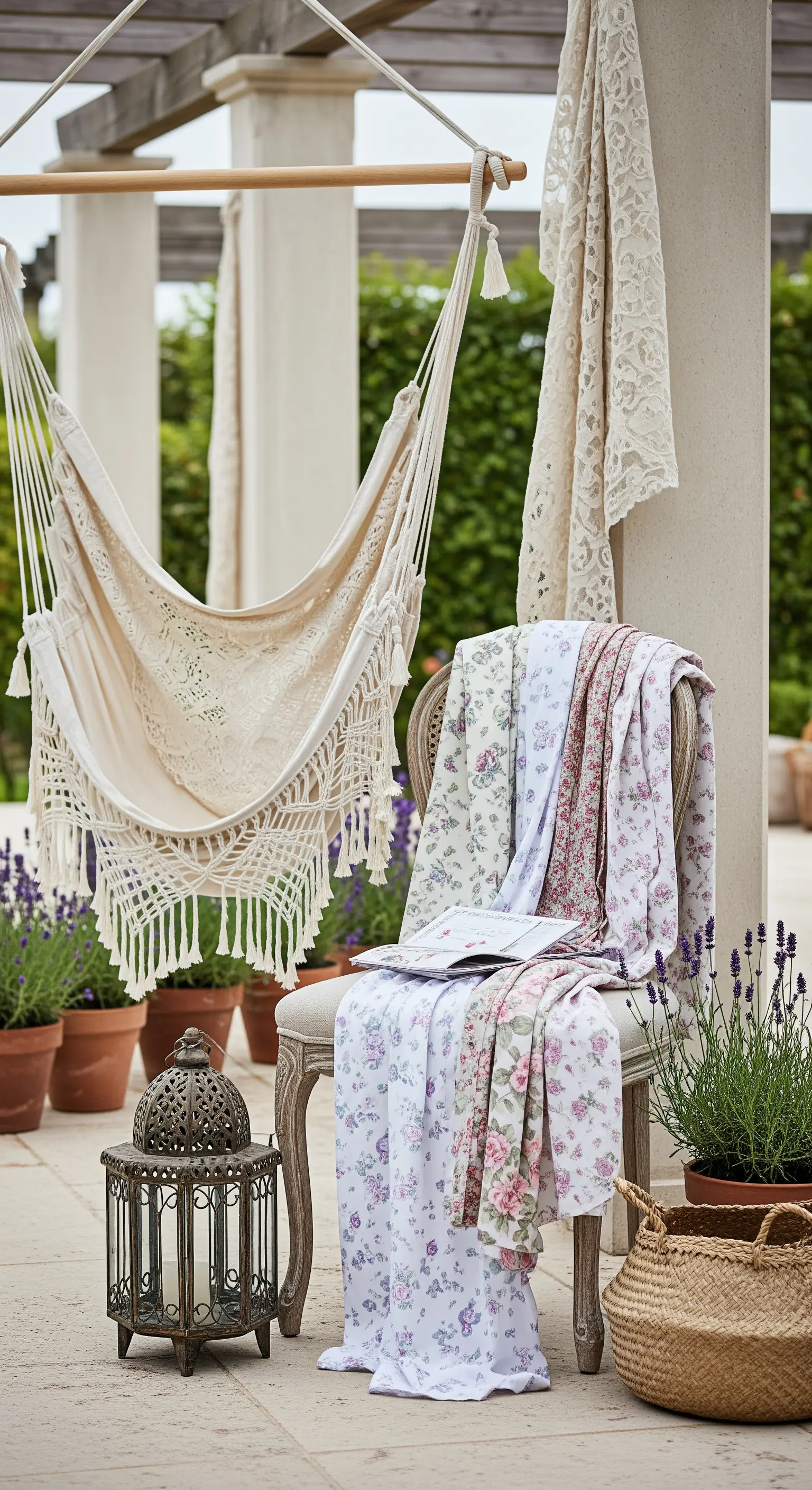 Amaca in macramè e sedia con una selezione di tessuti floreali e pizzi.