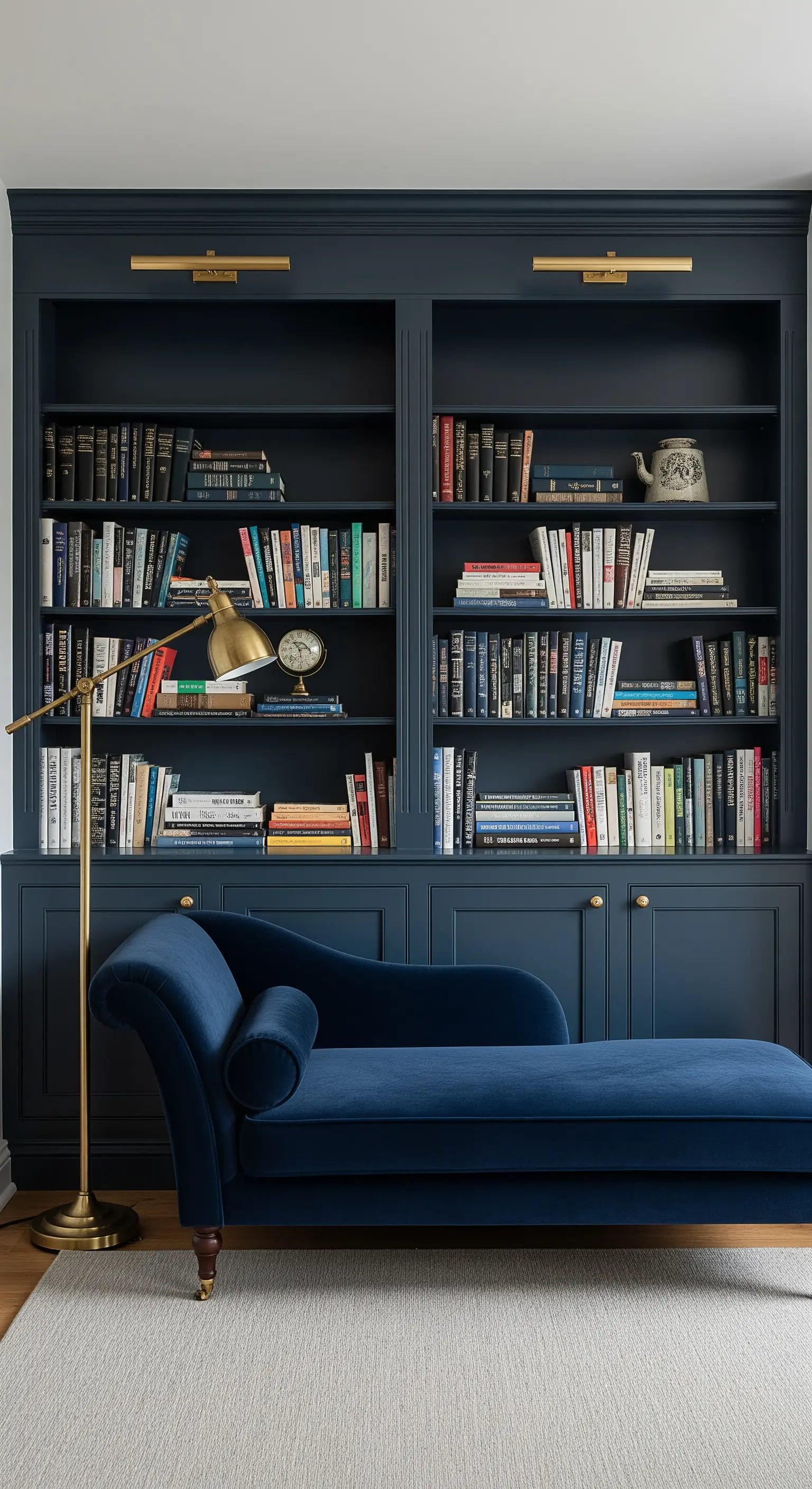 Chaise longue in velluto blu davanti a una libreria blu con lampada da lettura dorata.