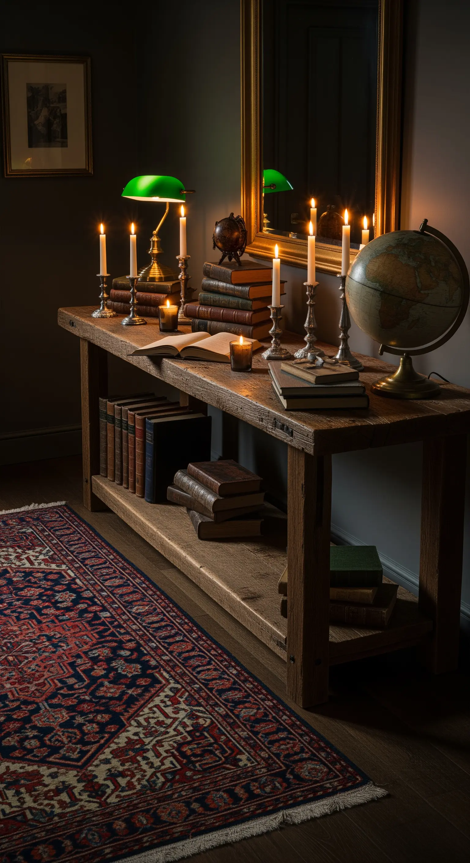 Ingresso in stile 'dark academia' con consolle carica di libri, lampada da banchiere e tappeto persiano.